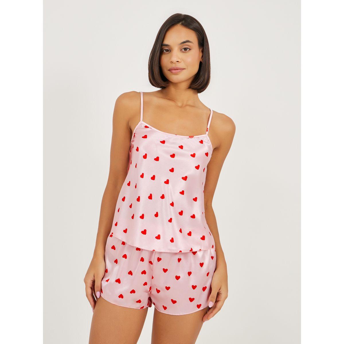 مجموعة من شورت وبلوزة كامي ساتان مطبعة بالكامل-women-clothing-nightwear-pyjamas-shortsets-image-1