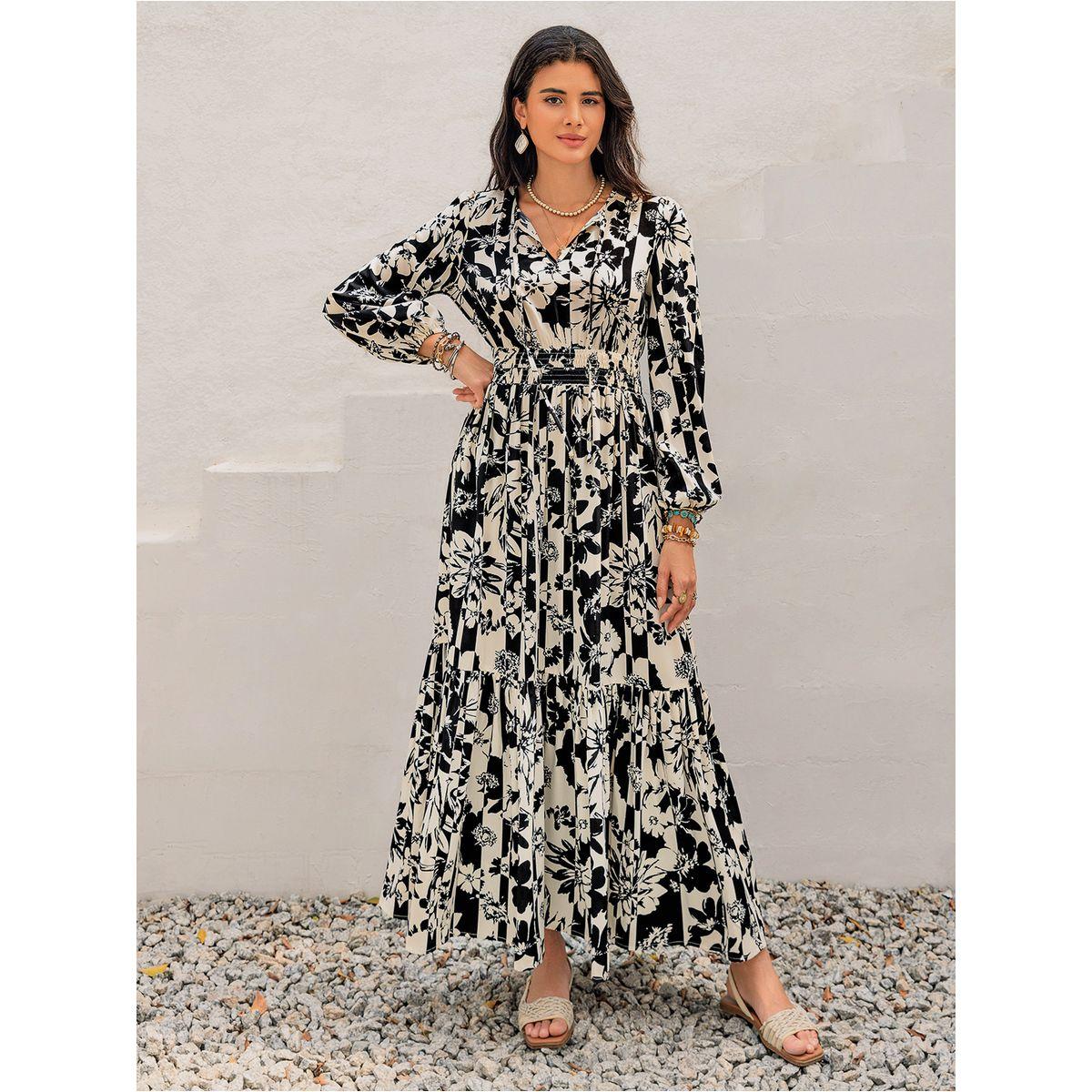 فستان طويل مطبع بالكامل مع ياقة بأربطة رَستي دَستي × ستايلي-women-clothing-dresses-image-2