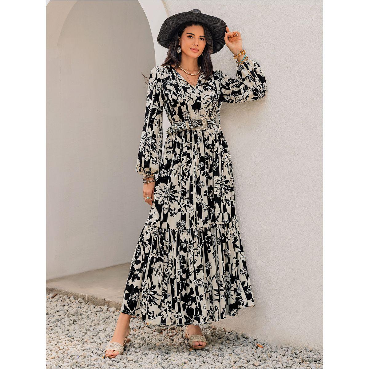 فستان طويل مطبع بالكامل مع ياقة بأربطة رَستي دَستي × ستايلي-women-clothing-dresses-image-4