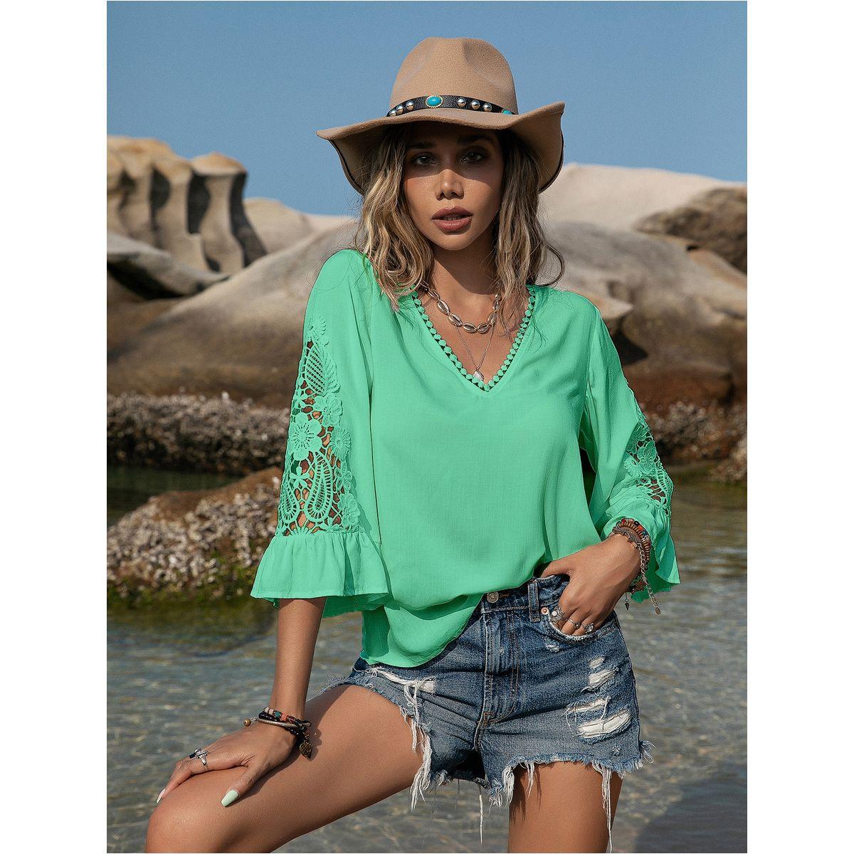 بلوزة سادة بأكمام جرس وتفاصيل دانتيل رَستي دَستي × ستايلي-women-clothing-shirtsandblouses-blouses-image-3