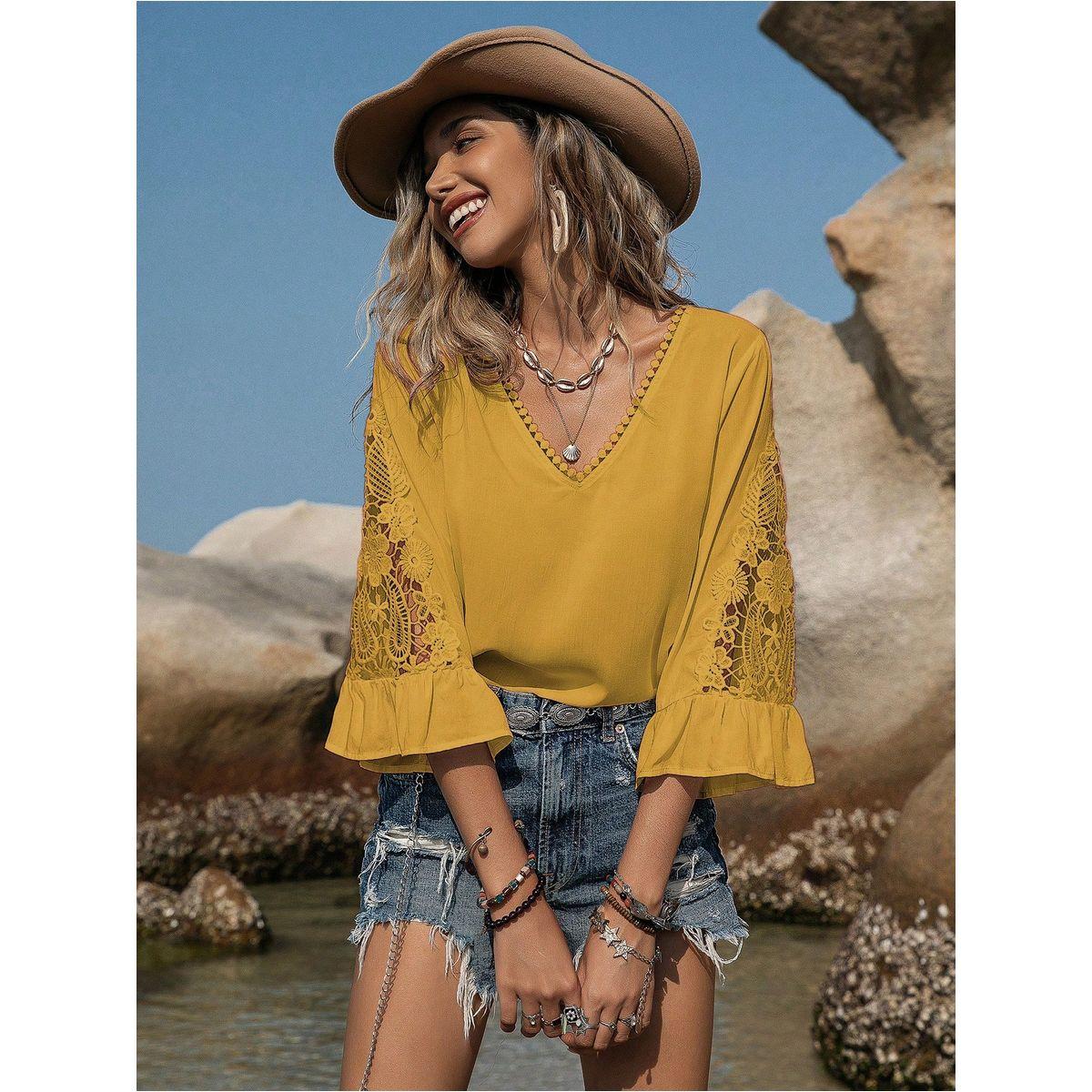 Russty Dustty X Styli Russty Dustty Solid Lace Detail Bell Sleeve Top-women-clothing-shirtsandblouses-blouses-image-1