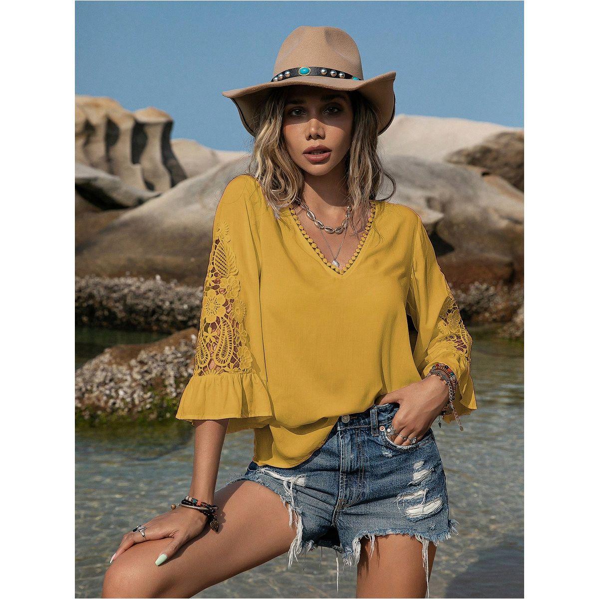 Russty Dustty X Styli Russty Dustty Solid Lace Detail Bell Sleeve Top-women-clothing-shirtsandblouses-blouses-image-3