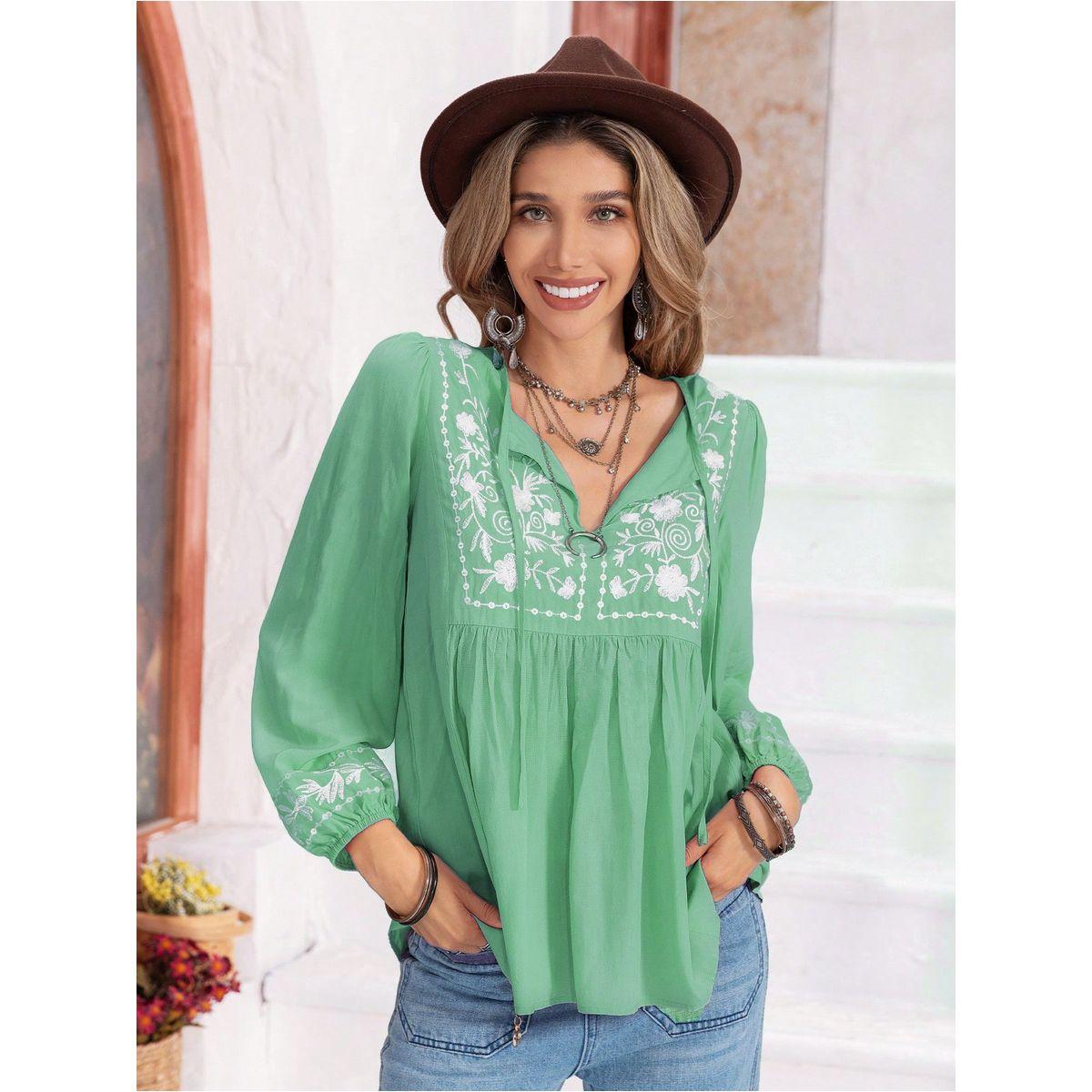 بلوزة مُطرّزة وأكمام طويلة مع ياقة بأربطة رَستي دَستي × ستايلي-women-clothing-shirtsandblouses-blouses-image-1