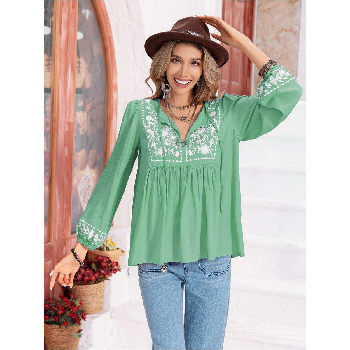 بلوزة مُطرّزة وأكمام طويلة مع ياقة بأربطة رَستي دَستي × ستايلي-women-clothing-shirtsandblouses-blouses-image-6