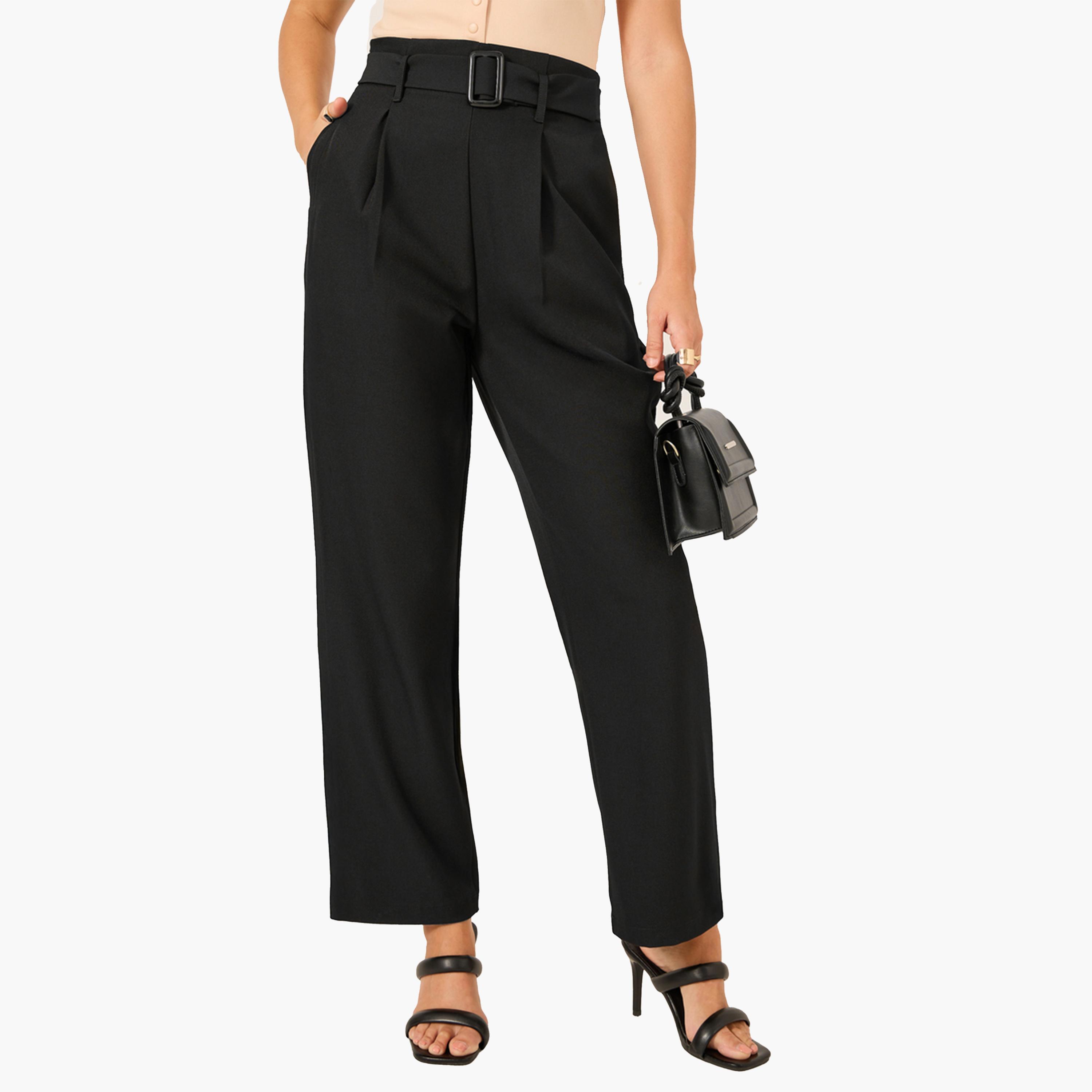 ستايلي-  بنطال بحزام وخصر مرتفع وقصة ضيقة-women-clothing-bottoms-trousers-image-1