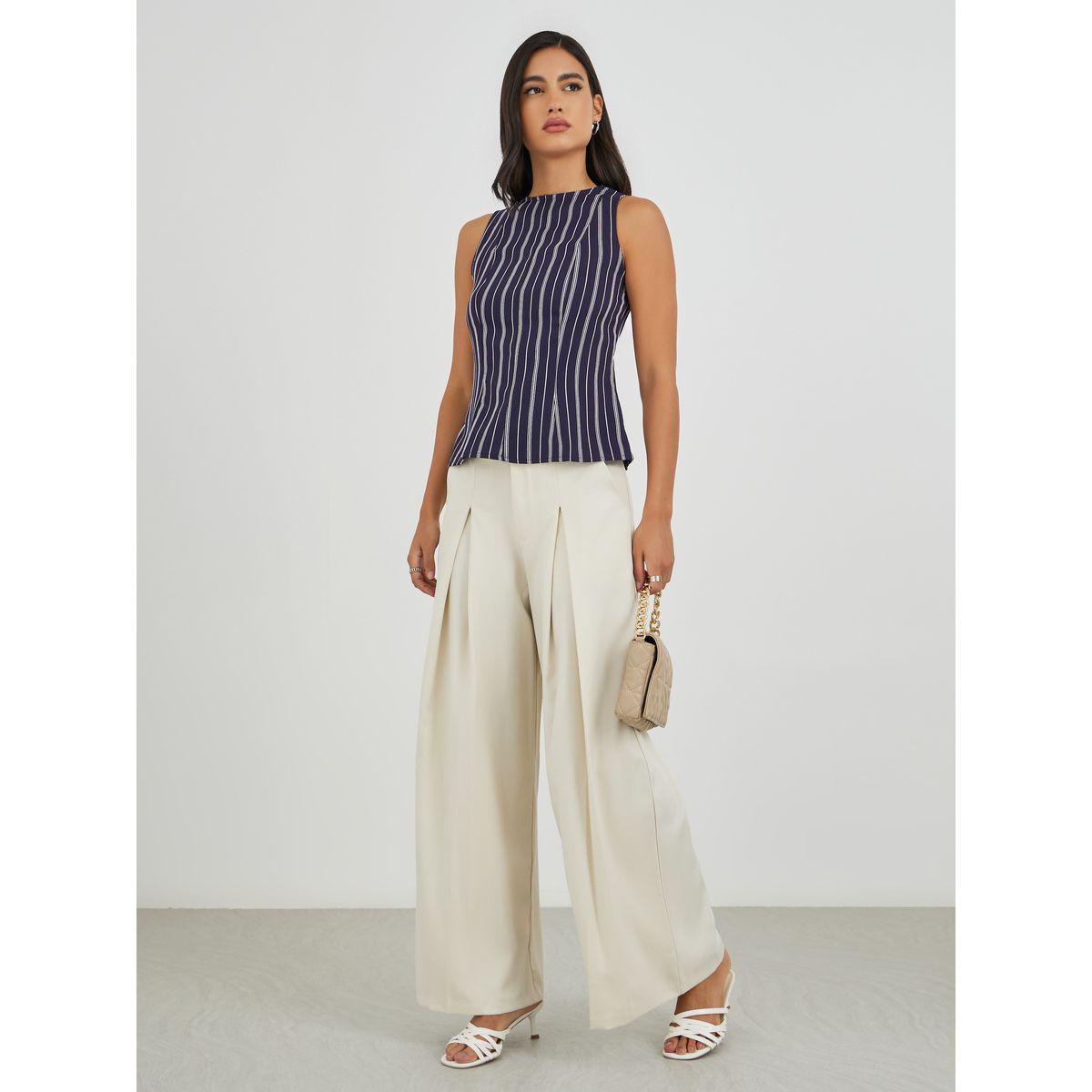 Styli Solid High Rise Inverted Pleated Wide Leg Pants-women-clothing-bottoms-trousers-image-1