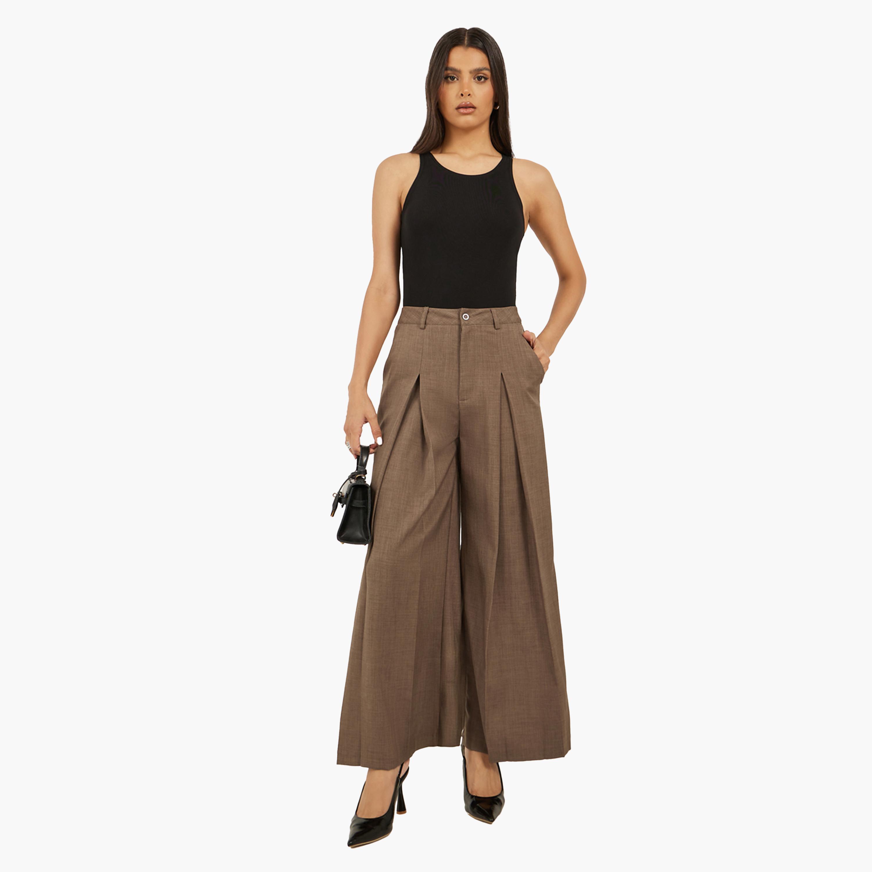 ستايلي-  بنطال بني واسع الساق وخصر مرتفع-women-clothing-bottoms-trousers-image-2