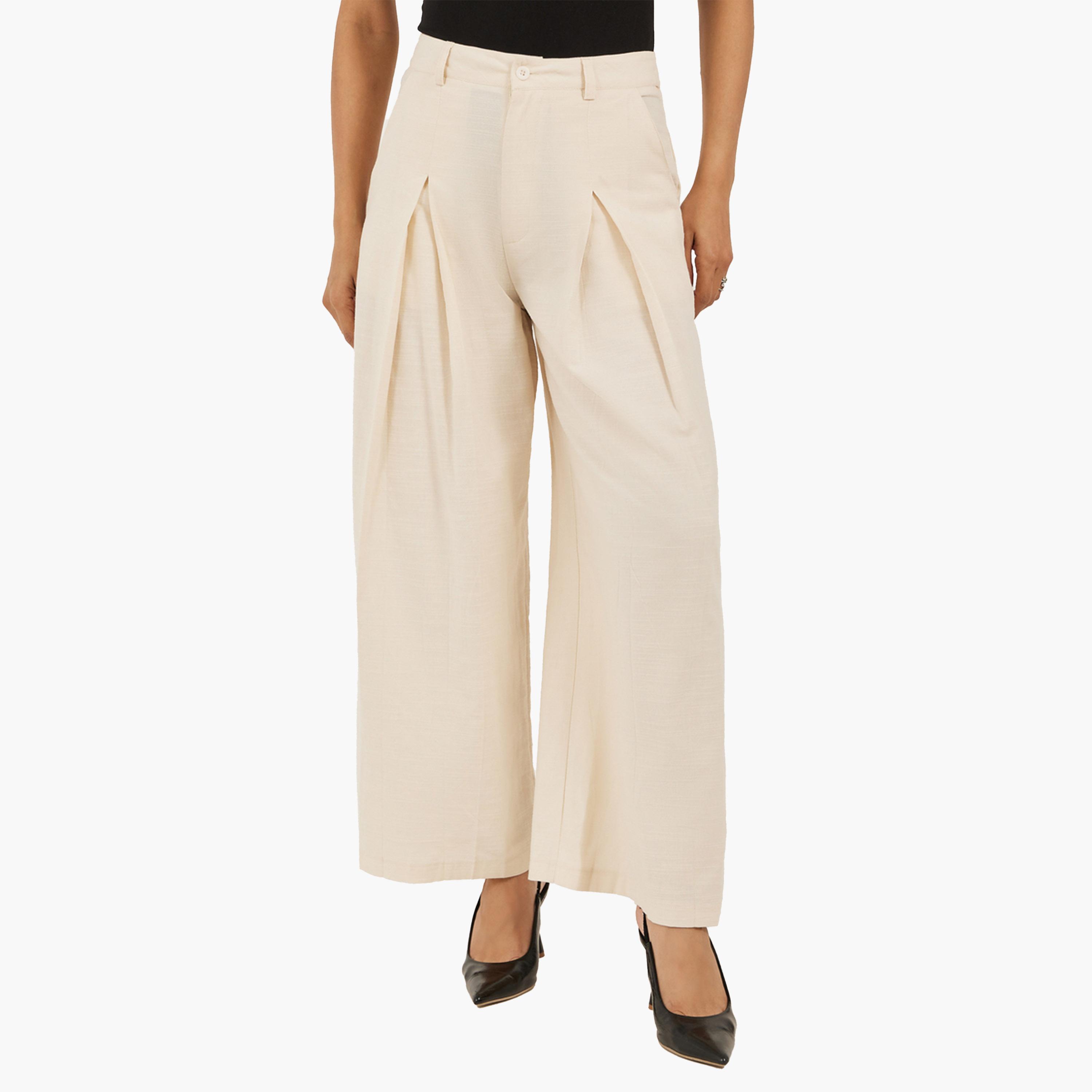 ستايلي-  بنطال كريمي واسع الساق وخصر مرتفع-women-clothing-bottoms-trousers-image-1