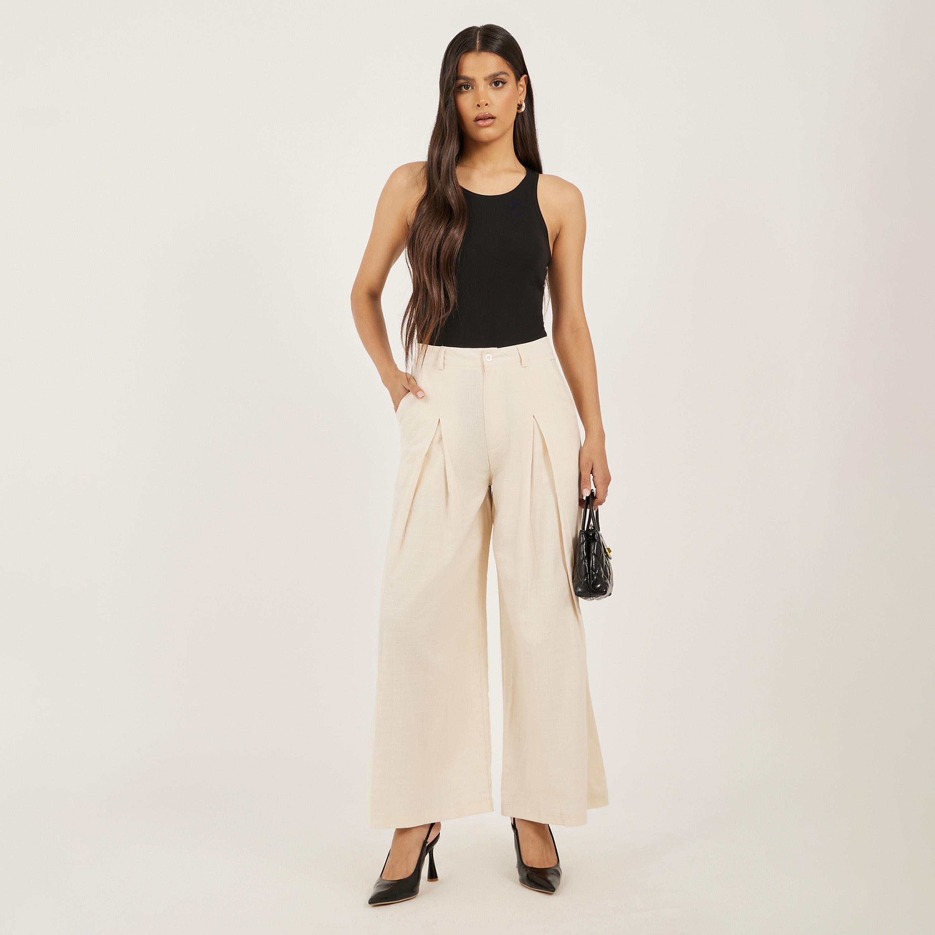ستايلي-  بنطال كريمي واسع الساق وخصر مرتفع-women-clothing-bottoms-trousers-image-2