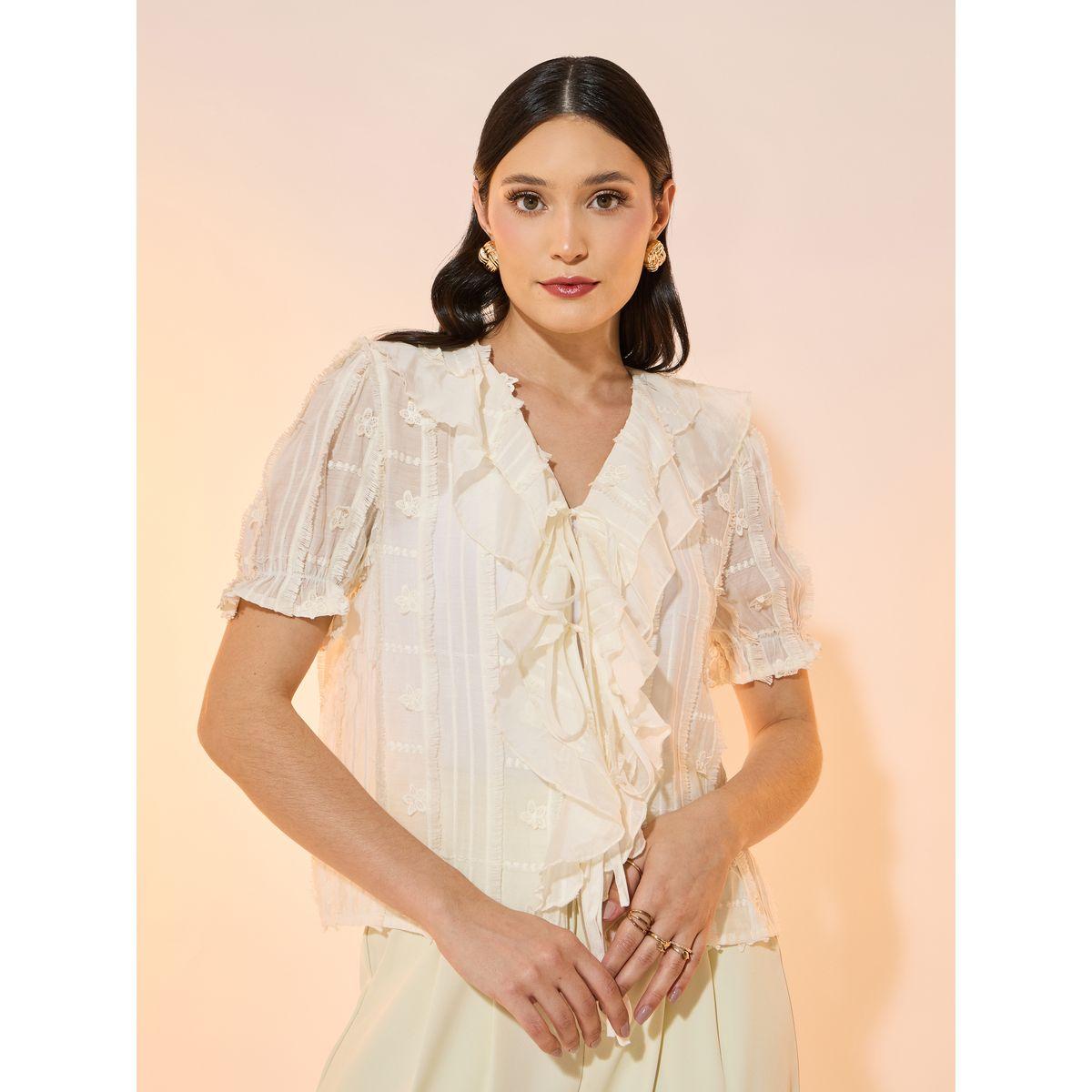 Take Two Textured V Neck Ruffle Detail Blouse-women-clothing-shirtsandblouses-shirts-image-1