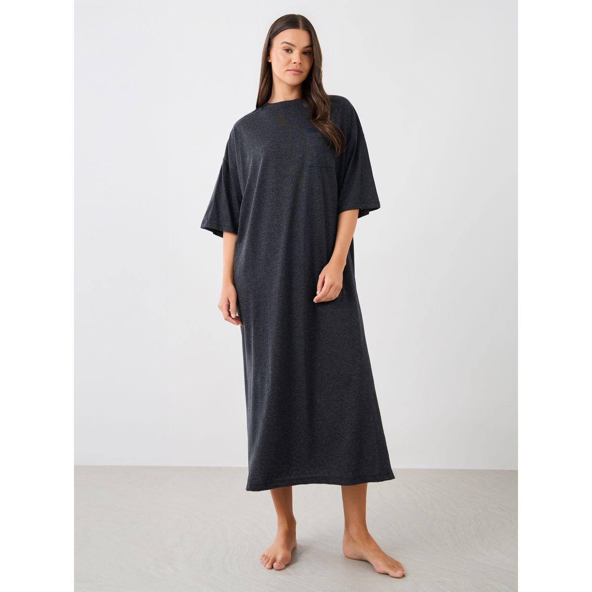 Styli Solid Dropped Shoulder Pocket Detail Nightdress with Side Slit-women-clothing-nightwear-nighties-image-1