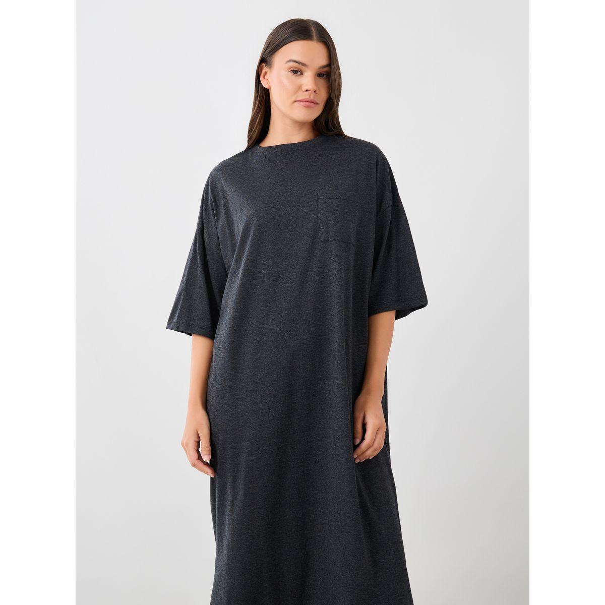 Styli Solid Dropped Shoulder Pocket Detail Nightdress with Side Slit-women-clothing-nightwear-nighties-image-2