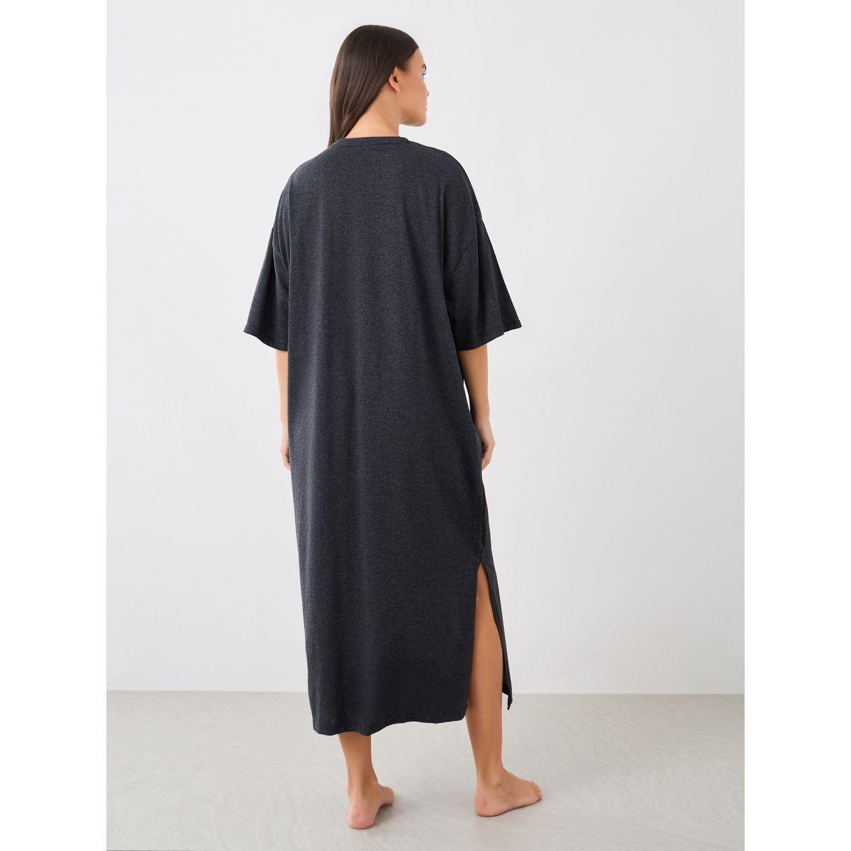 Styli Solid Dropped Shoulder Pocket Detail Nightdress with Side Slit-women-clothing-nightwear-nighties-image-4