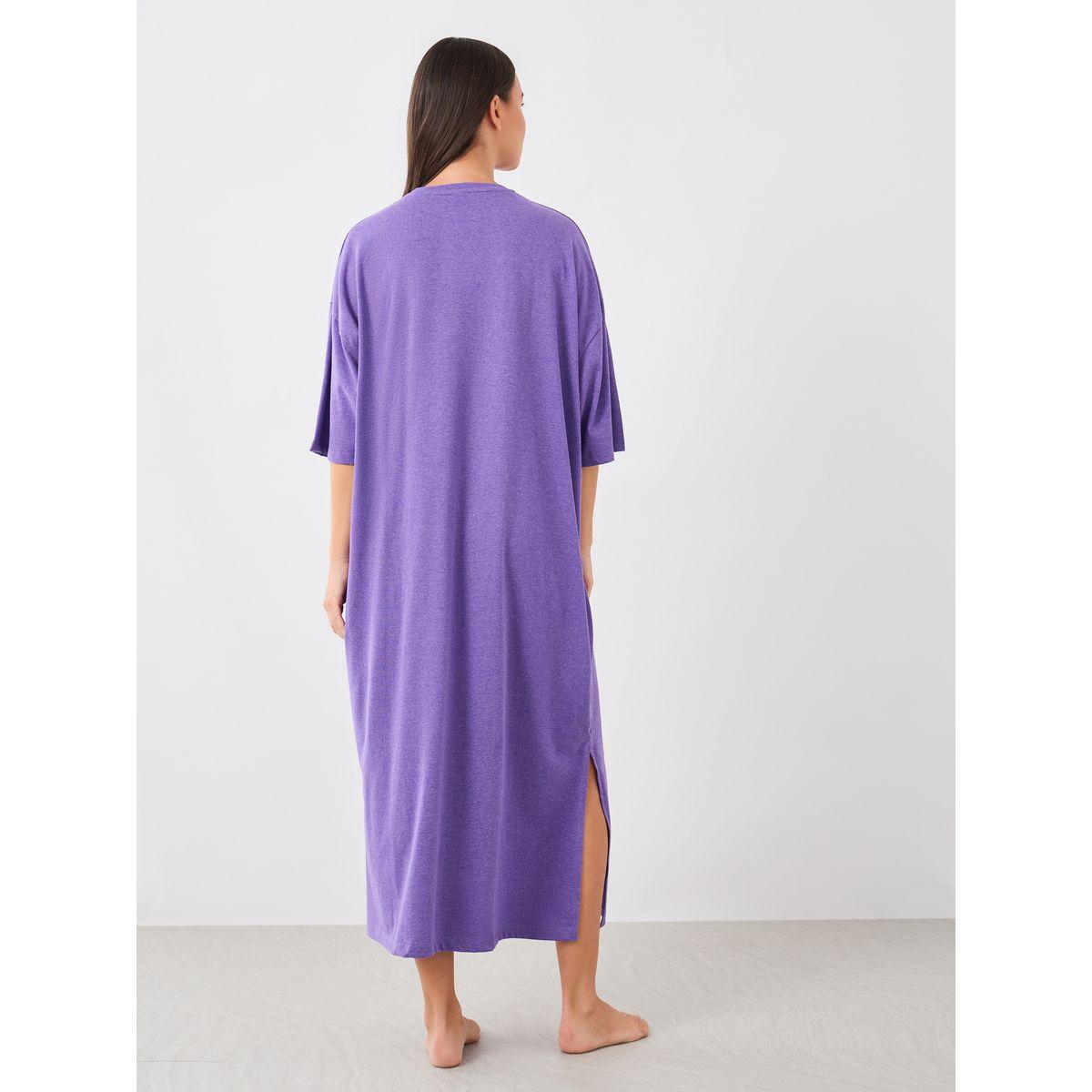 Styli Solid Dropped Shoulder Pocket Detail Nightdress with Side Slit-women-clothing-nightwear-nighties-image-4
