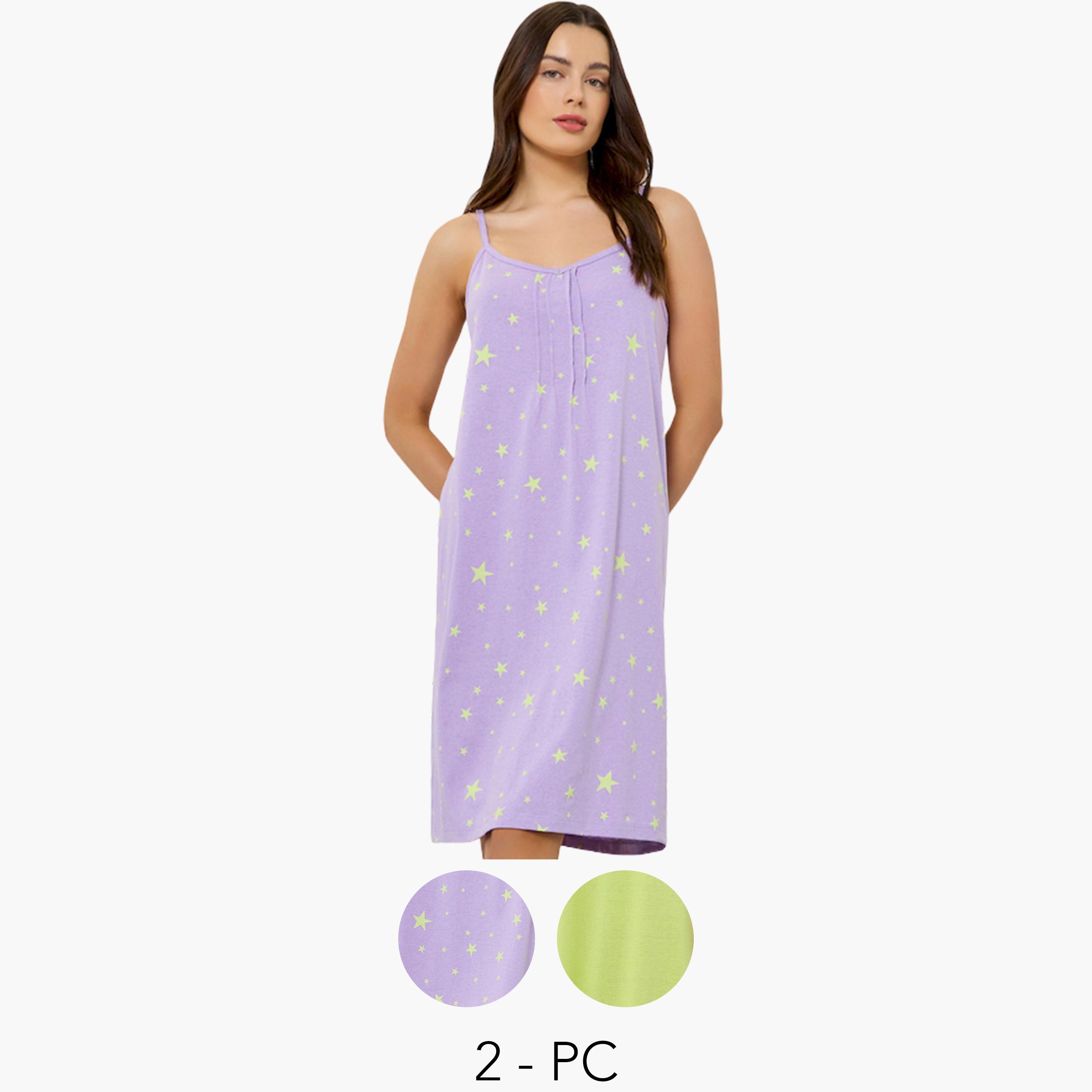 Styli Pack of 2 - Printed Strappy Nightdress-women-clothing-nightwear-nighties-image-1