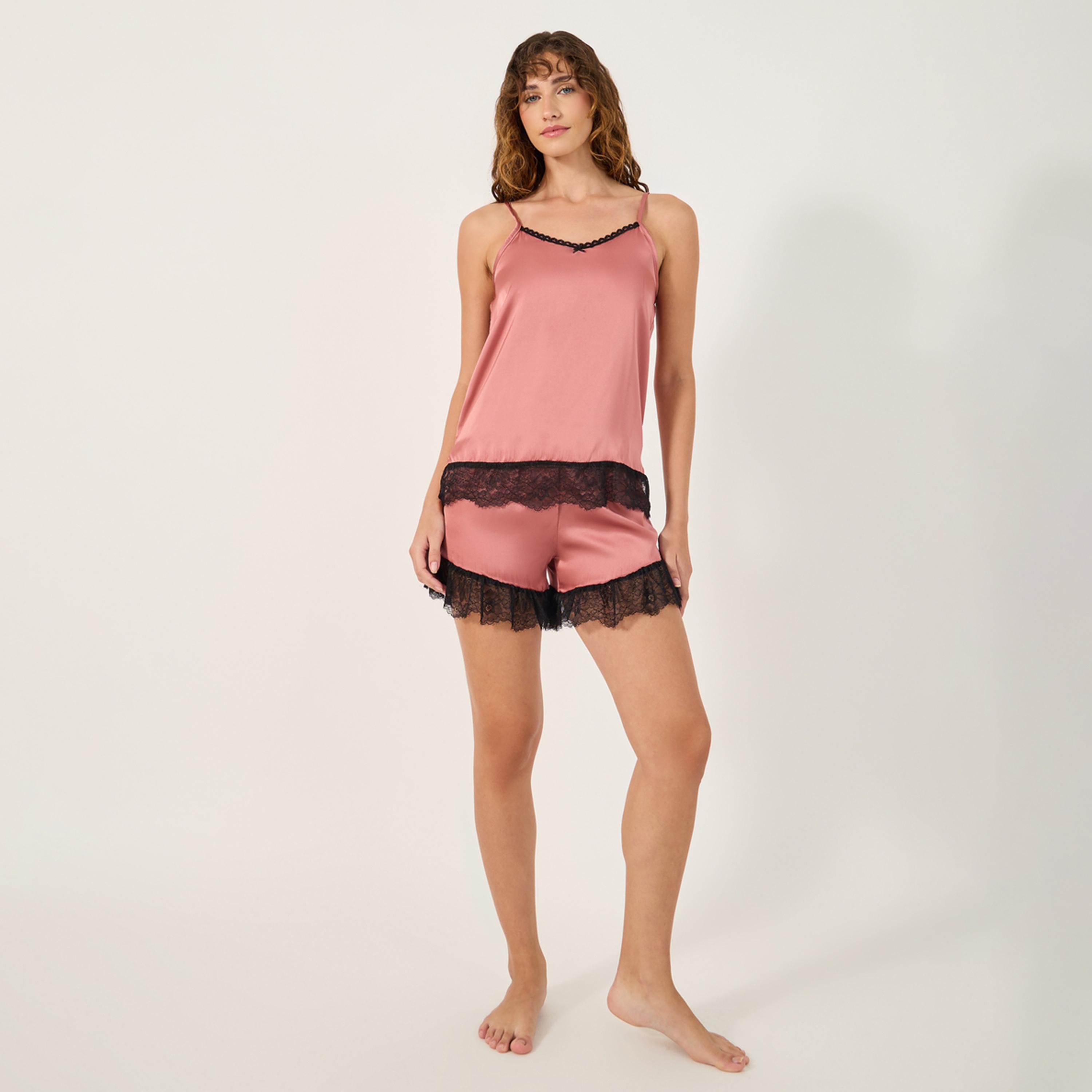 Styli Lace Trim Strappy Cami Top and Shorts Pyjama Set-women-clothing-nightwear-pyjamas-shortsets-image-1