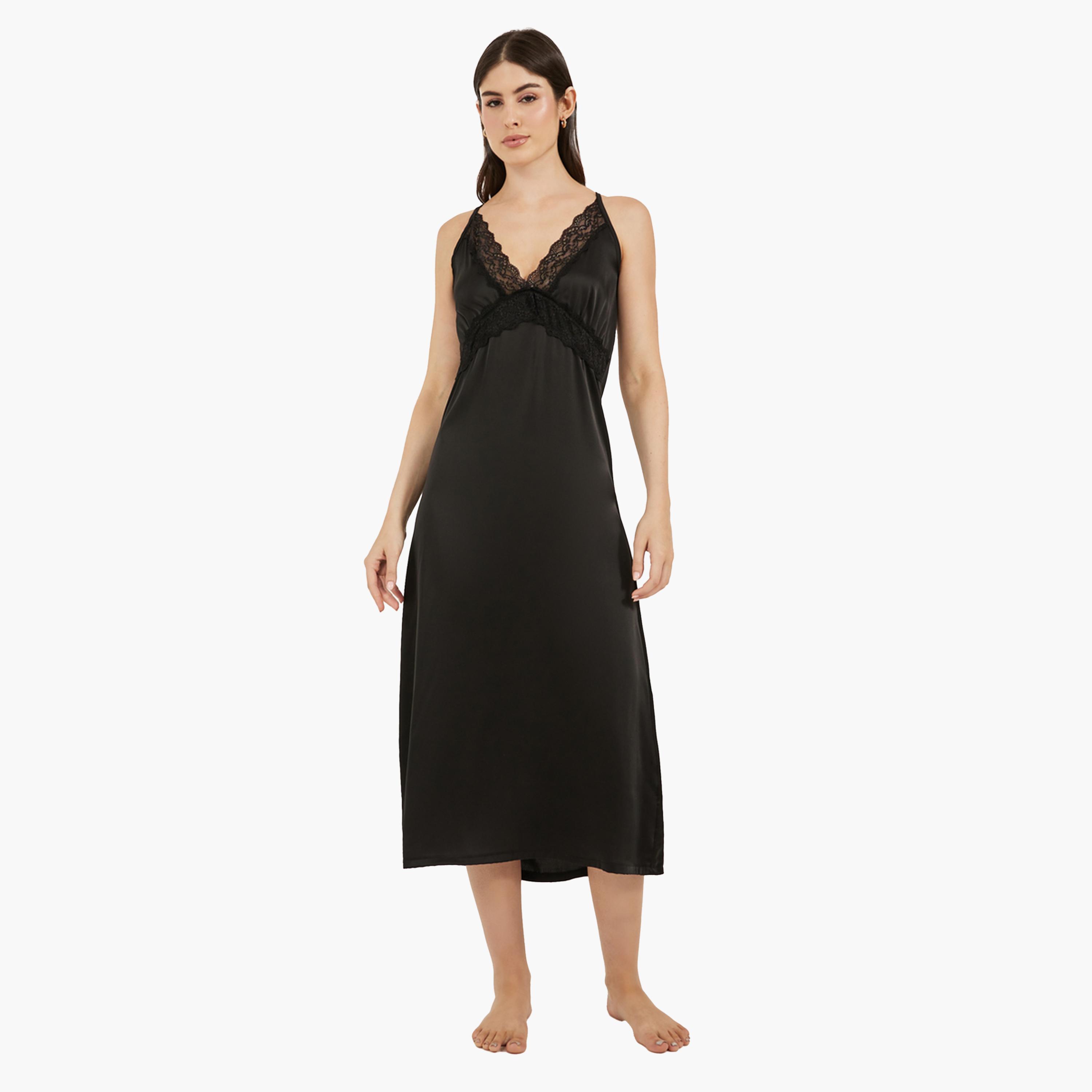 Styli Black Lace Trim Satin Slip Dress-women-clothing-nightwear-nighties-image-1