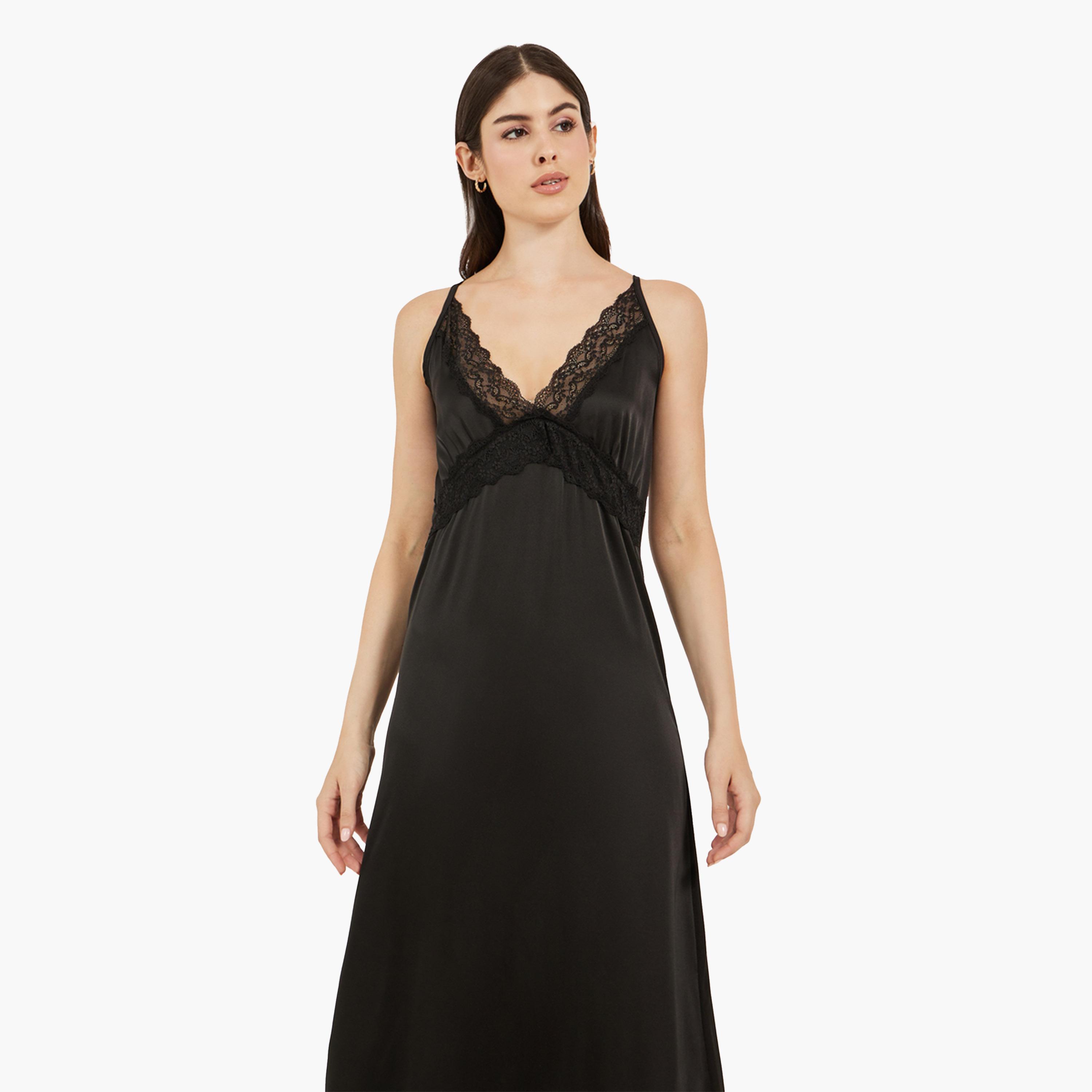ستايلي-  فستان ساتان أسود مزين بالدانتيل-women-clothing-nightwear-nighties-image-2