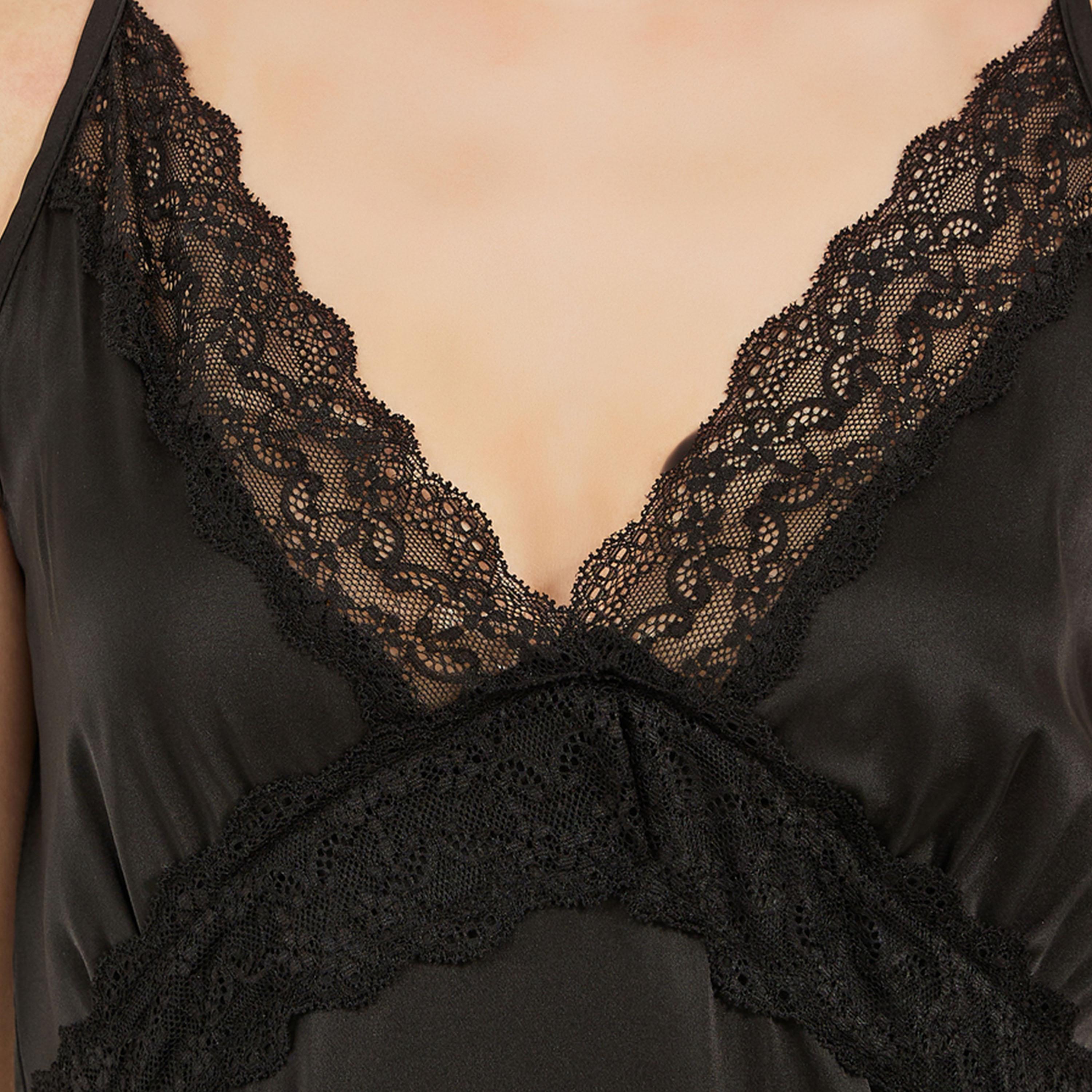 Styli Black Lace Trim Satin Slip Dress-women-clothing-nightwear-nighties-image-3