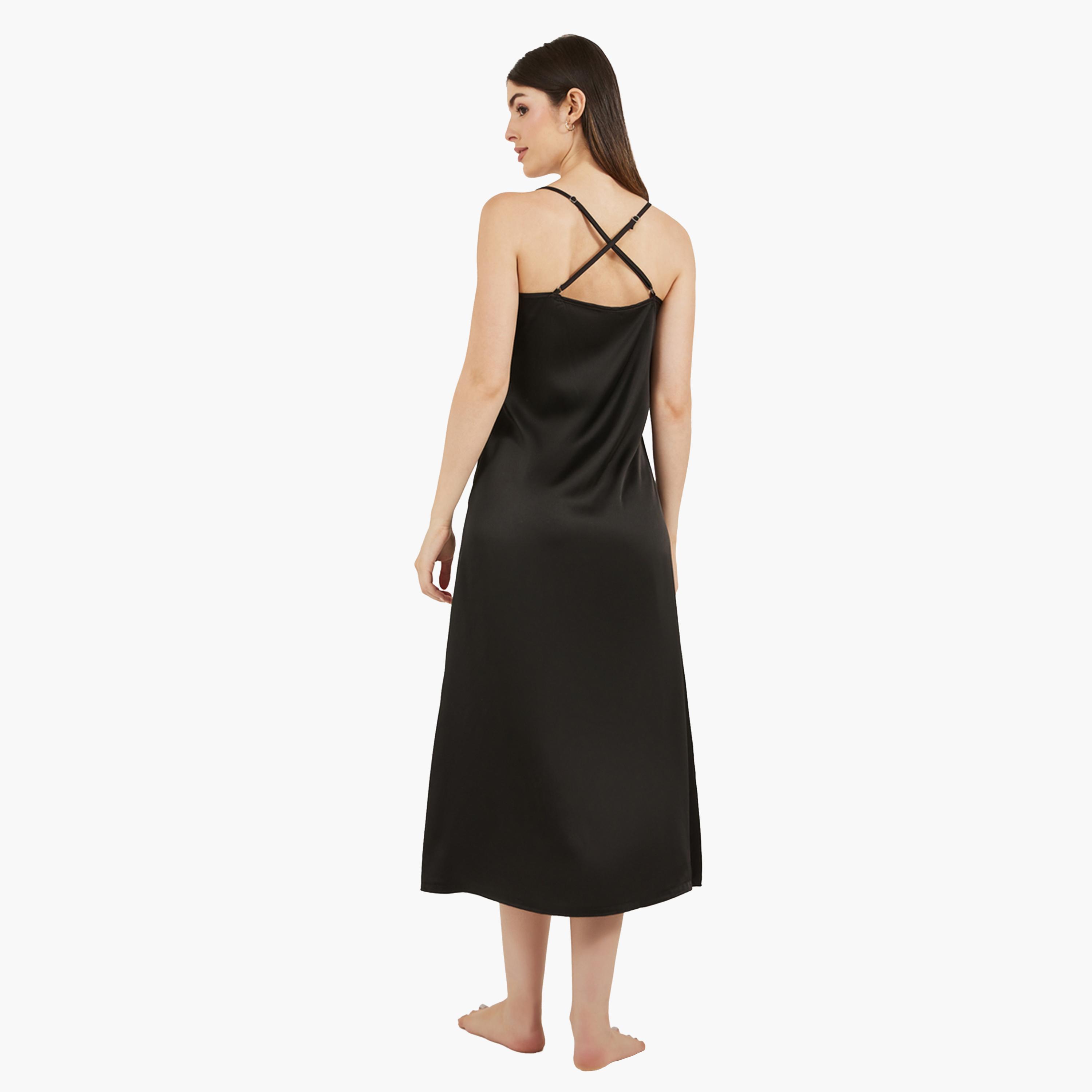 Styli Black Lace Trim Satin Slip Dress-women-clothing-nightwear-nighties-image-4