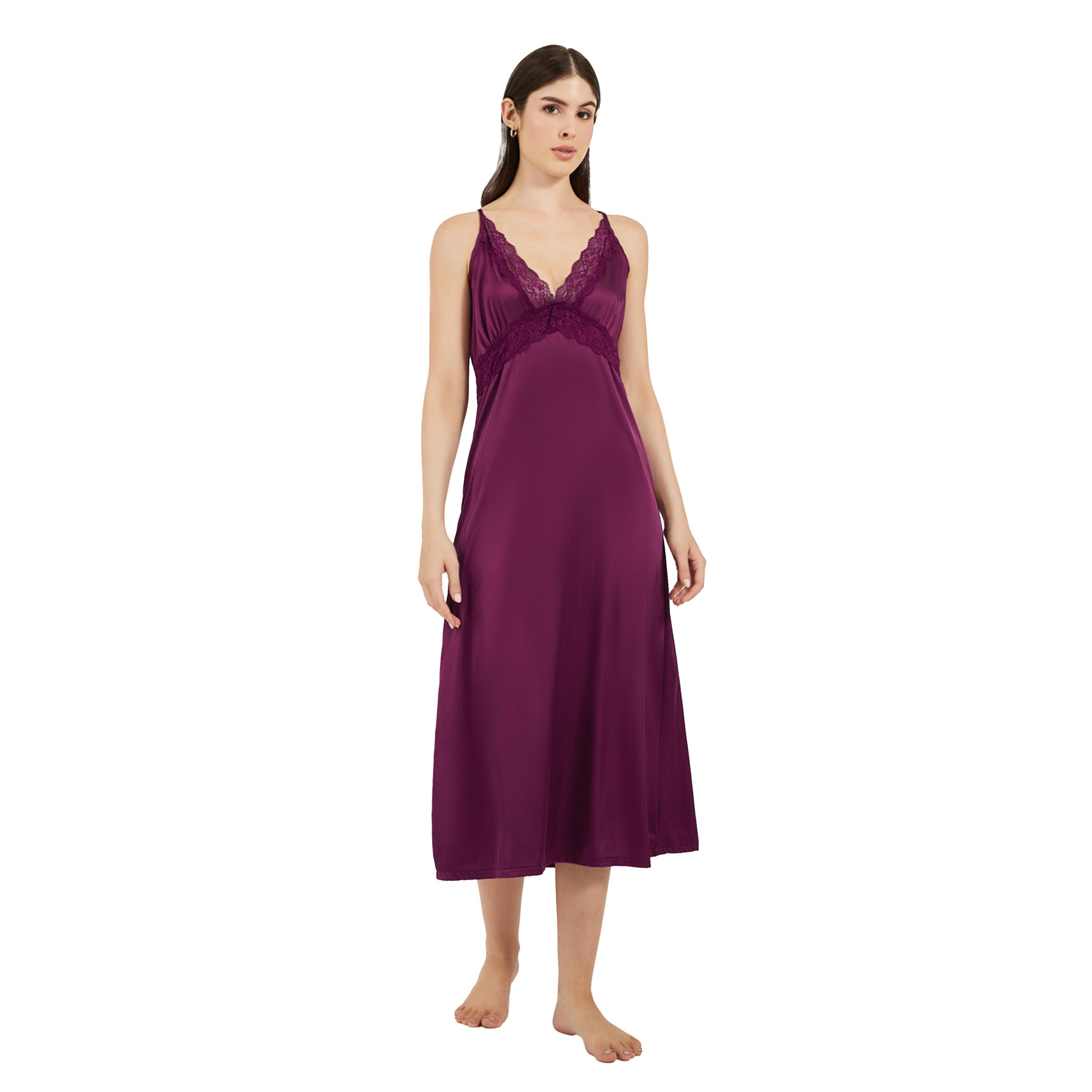 ستايلي - فستان نوم ساتان بدون أكمام مع تفاصيل من الدانتيل - برغندي-women-clothing-nightwear-nighties-image-1