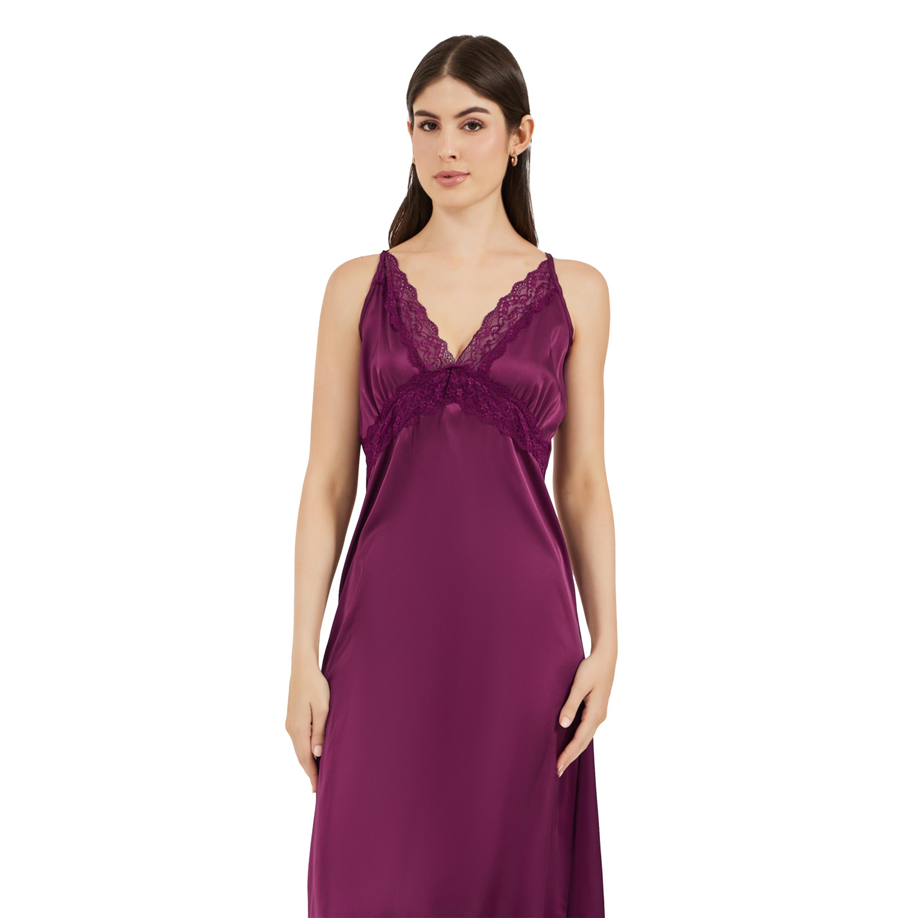 ستايلي - فستان نوم ساتان بدون أكمام مع تفاصيل من الدانتيل - برغندي-women-clothing-nightwear-nighties-image-2
