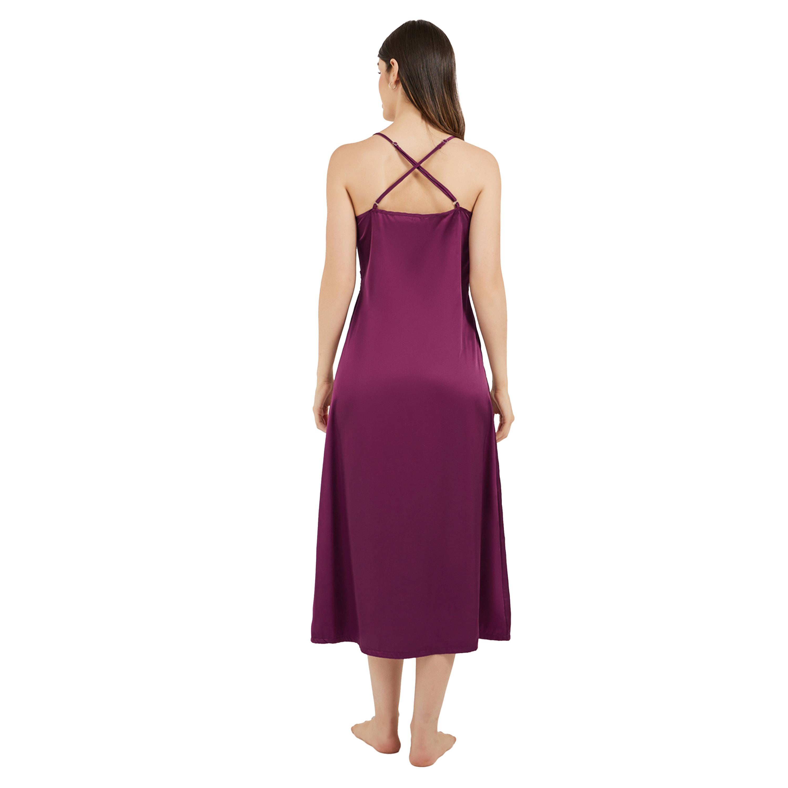 ستايلي - فستان نوم ساتان بدون أكمام مع تفاصيل من الدانتيل - برغندي-women-clothing-nightwear-nighties-image-4