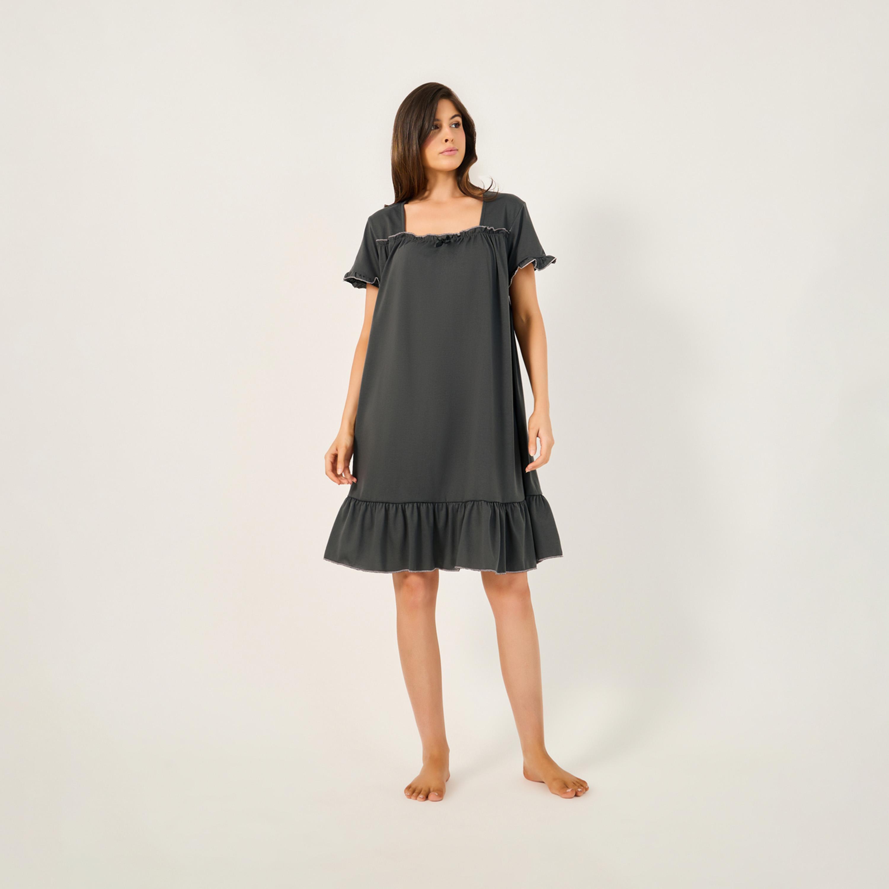 ستايلي - فستان نوم بحافة متعرجة متباينة برقبة مجمعة وحافة مكشكشة-women-clothing-nightwear-nighties-image-1