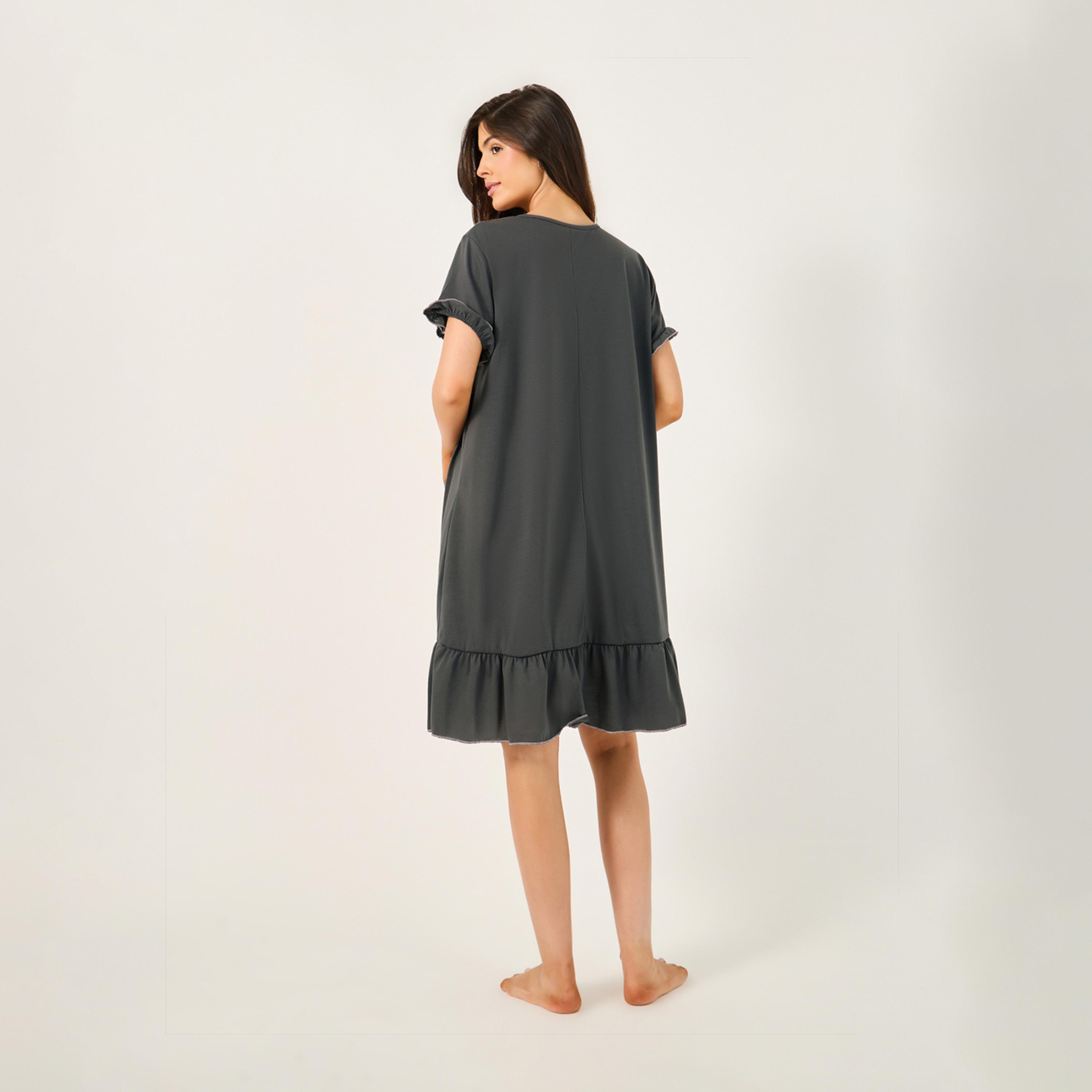 ستايلي - فستان نوم بحافة متعرجة متباينة برقبة مجمعة وحافة مكشكشة-women-clothing-nightwear-nighties-image-4