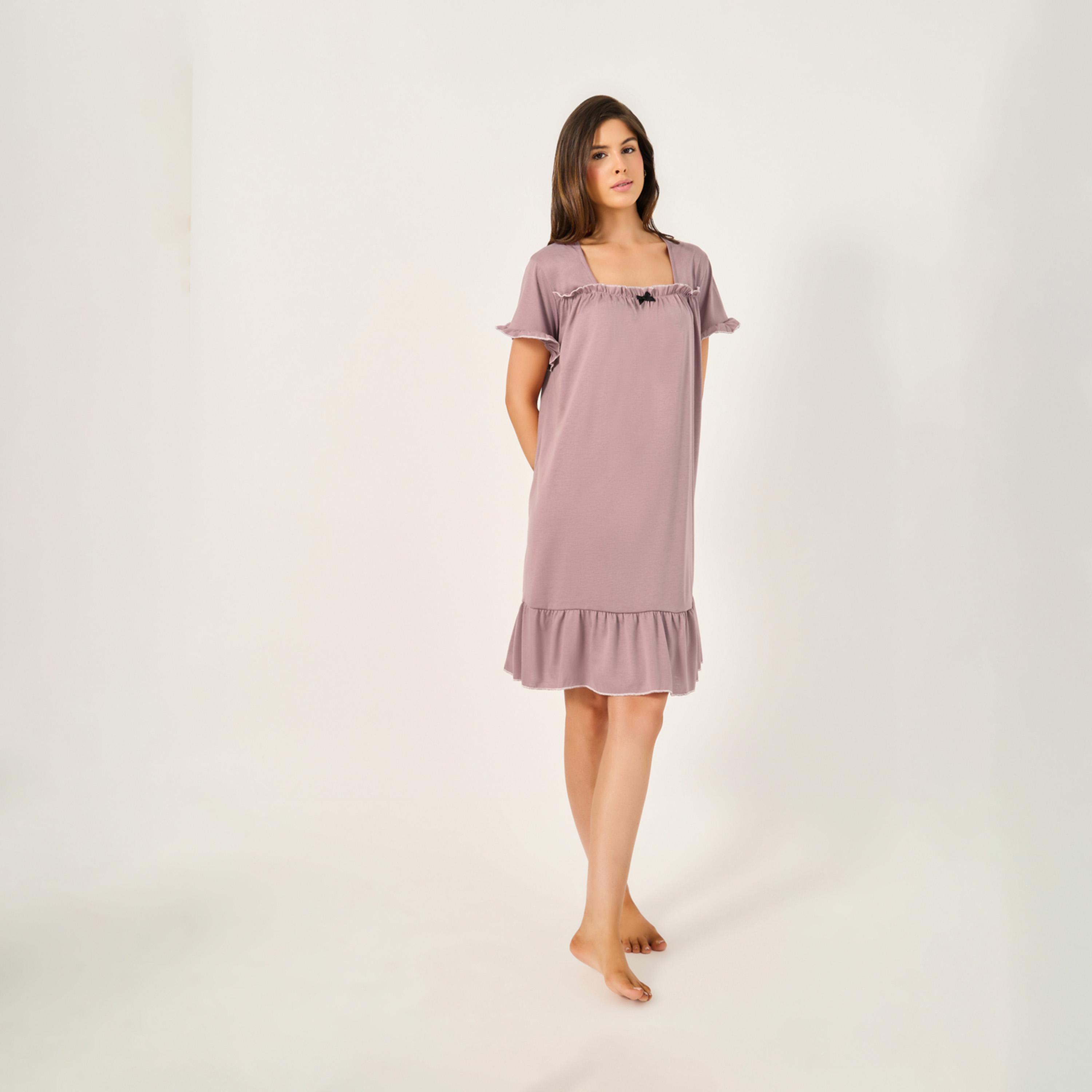 Styli Contrast Lettuce Edge Gathered Neck Ruffle Hem Nightdress-women-clothing-nightwear-nighties-image-1