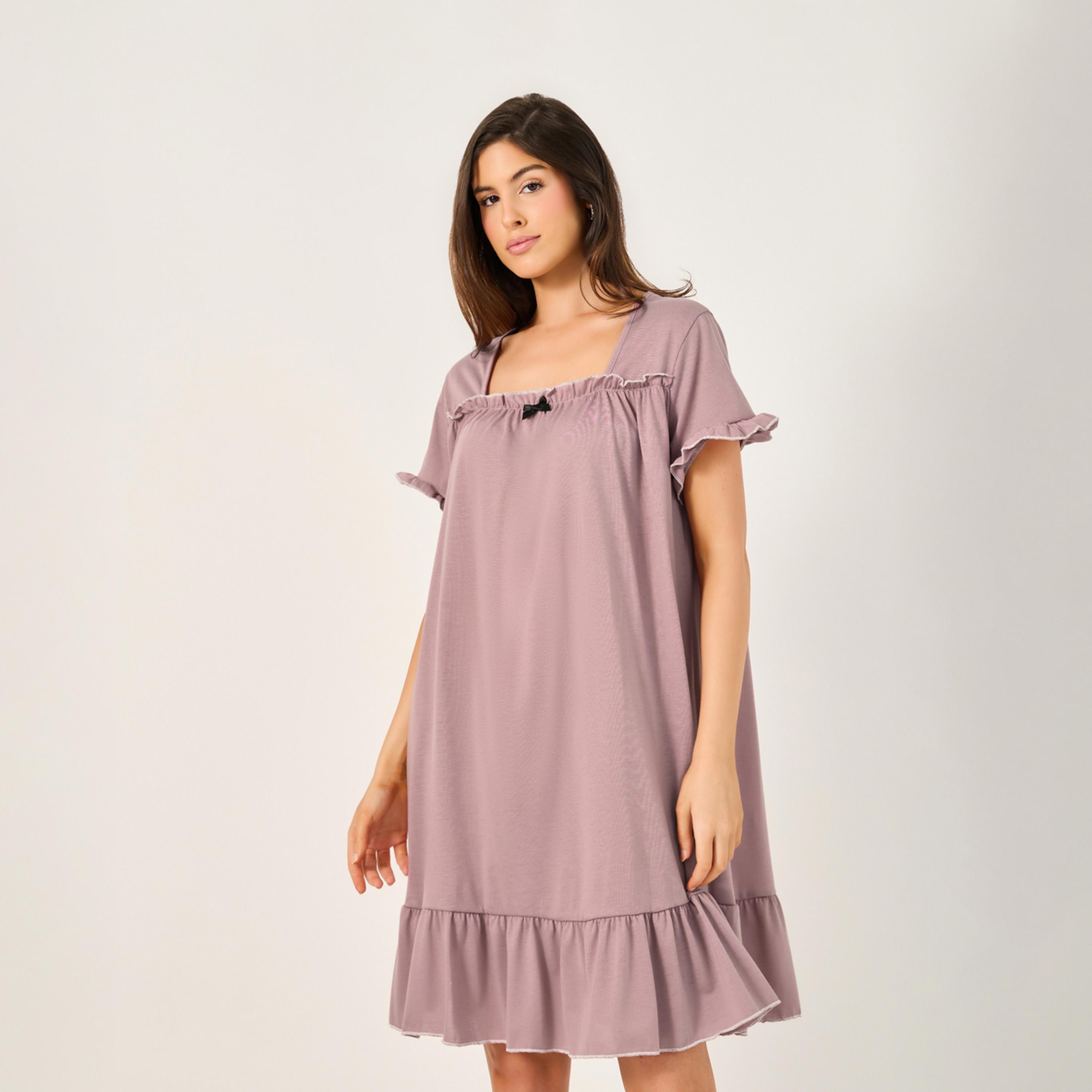 ستايلي - فستان نوم بحافة متعرجة متباينة برقبة مجمعة وحافة مكشكشة-women-clothing-nightwear-nighties-image-2