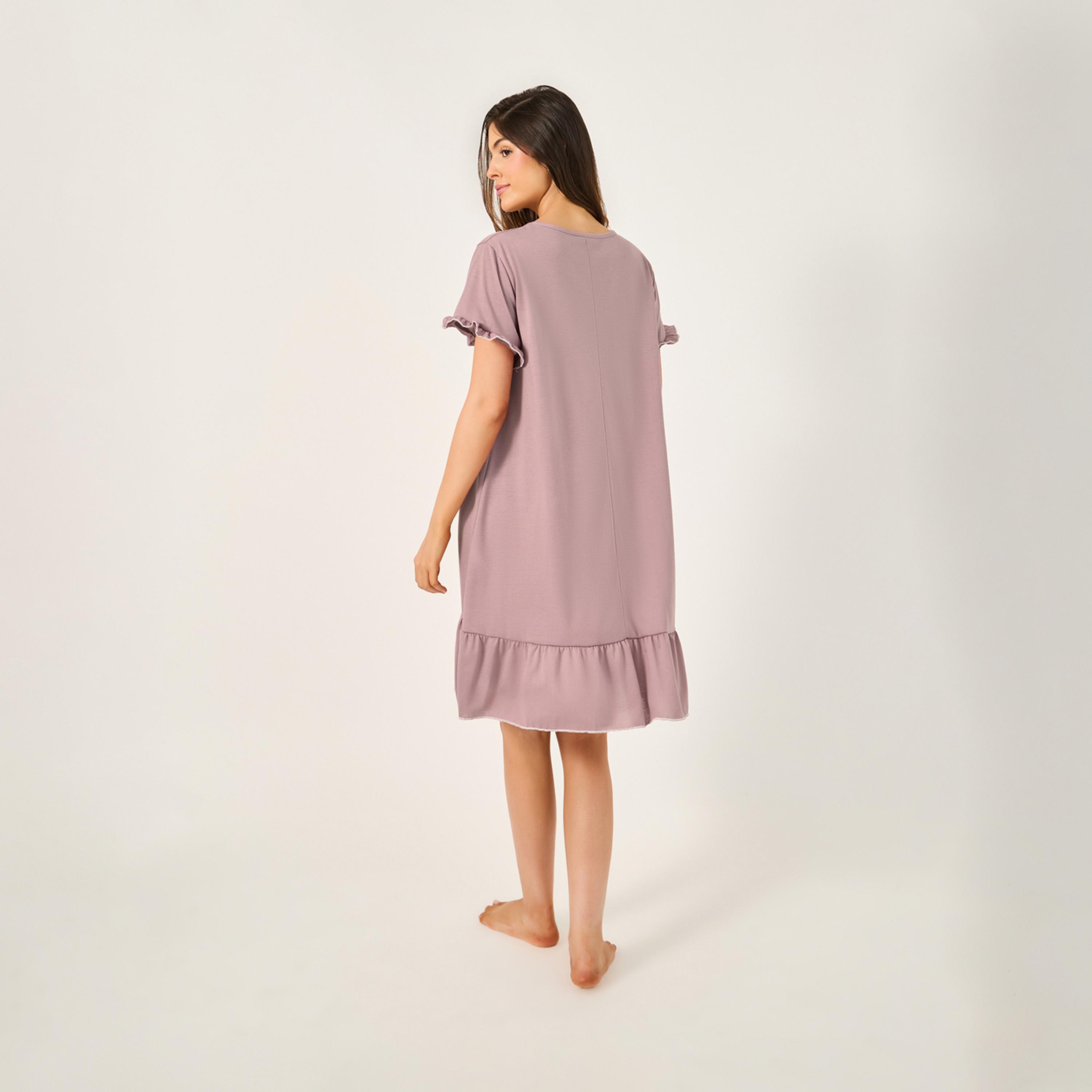 Styli Contrast Lettuce Edge Gathered Neck Ruffle Hem Nightdress-women-clothing-nightwear-nighties-image-4