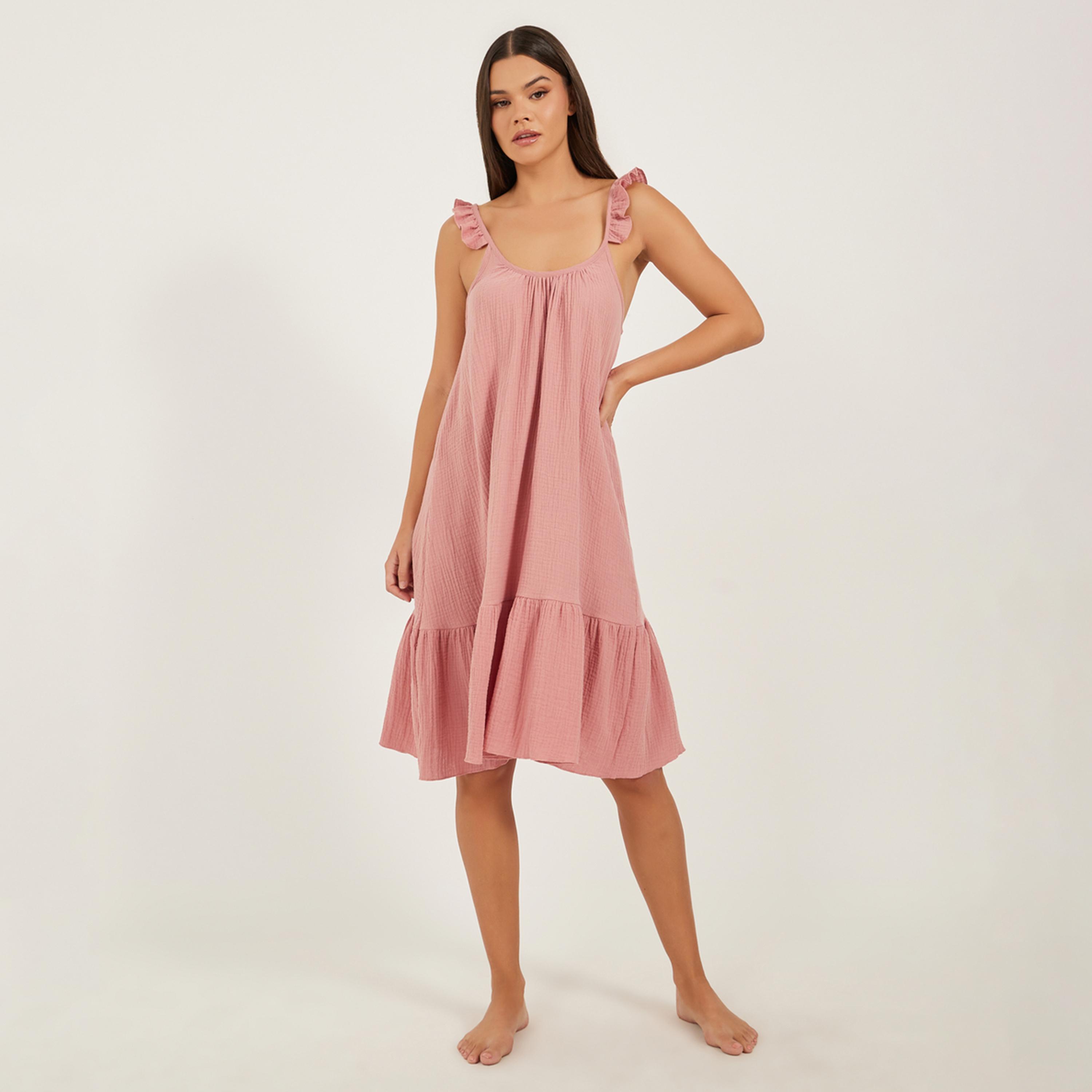 ستايلي - فستان سهل الارتداء برقبة دائرية وحواف كشكش-women-clothing-nightwear-nighties-image-1