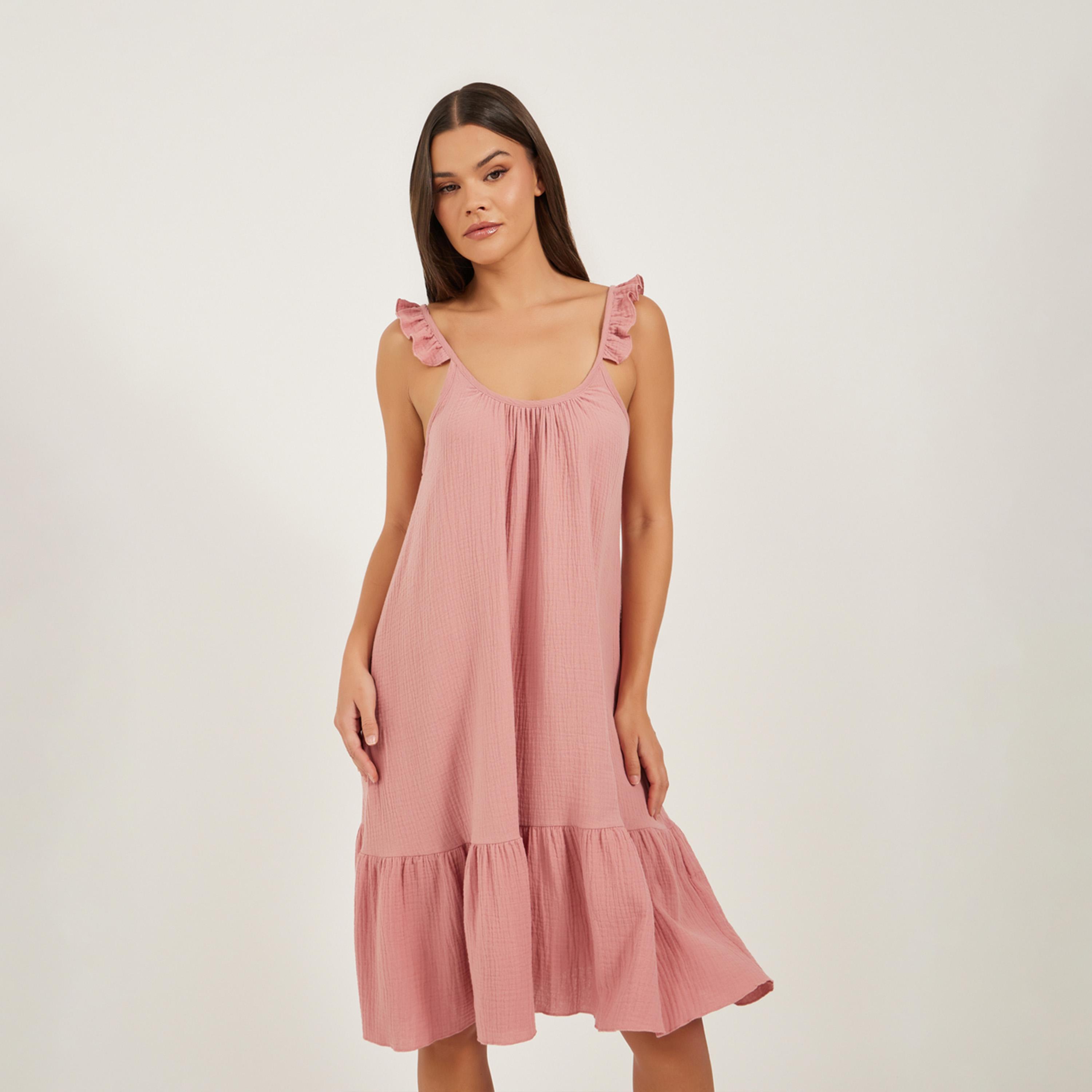 ستايلي - فستان سهل الارتداء برقبة دائرية وحواف كشكش-women-clothing-nightwear-nighties-image-2