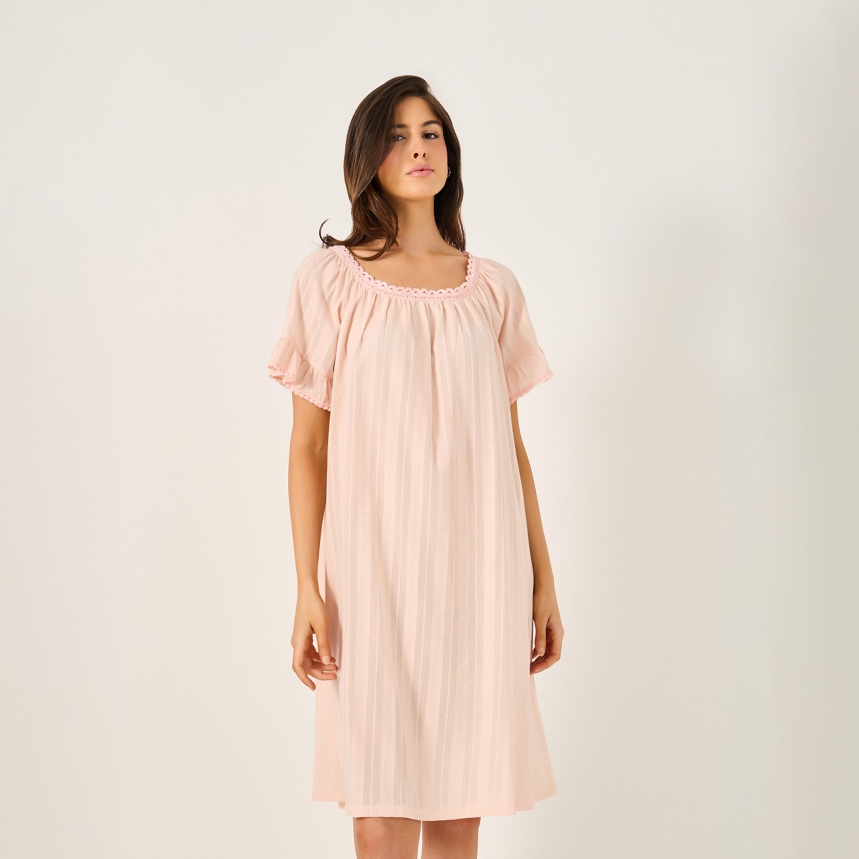 Styli Cotton Stripe Jacquard And Lace Trim Ruffle Sleeve Nightdress-women-clothing-nightwear-nighties-image-1