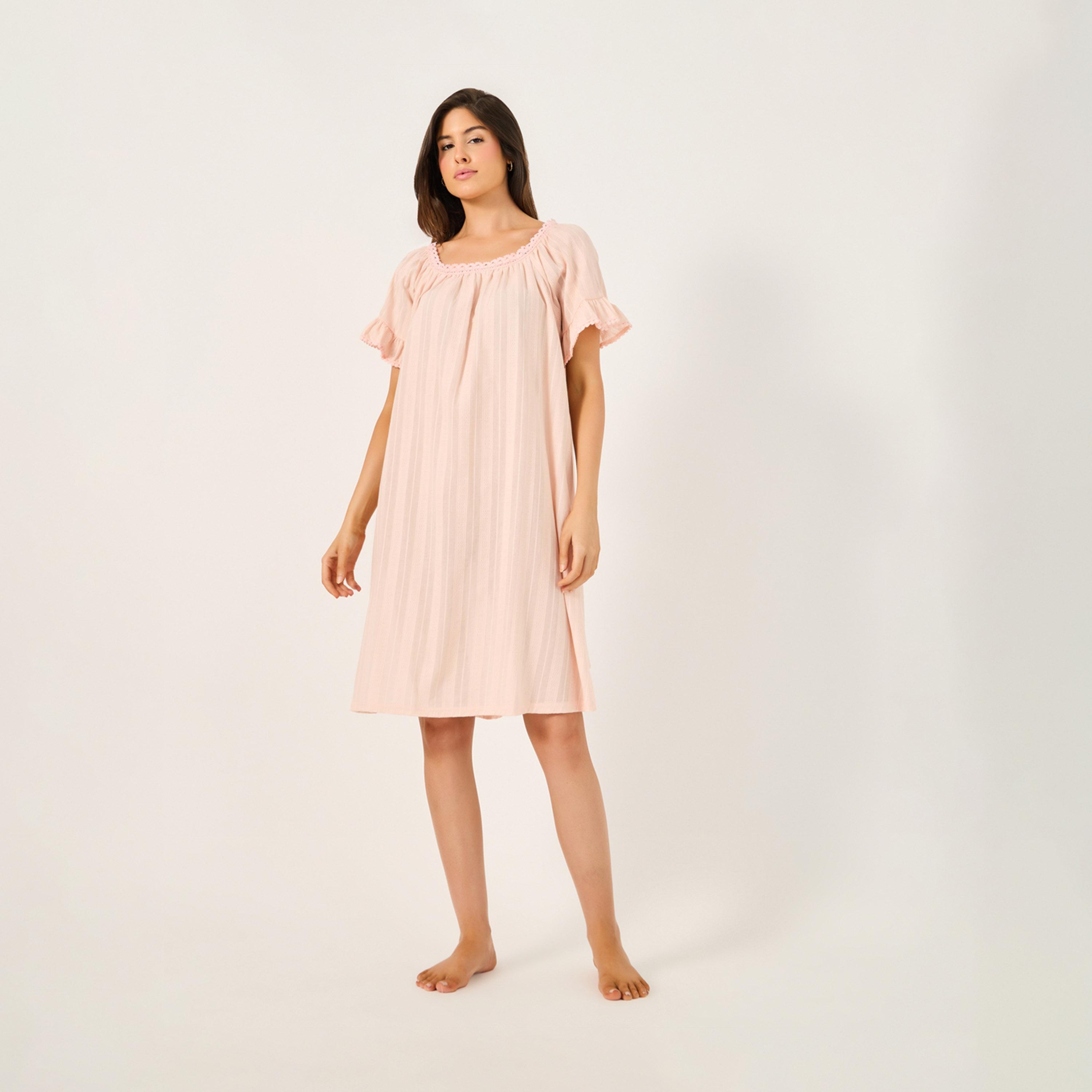 Styli Cotton Stripe Jacquard And Lace Trim Ruffle Sleeve Nightdress-women-clothing-nightwear-nighties-image-2