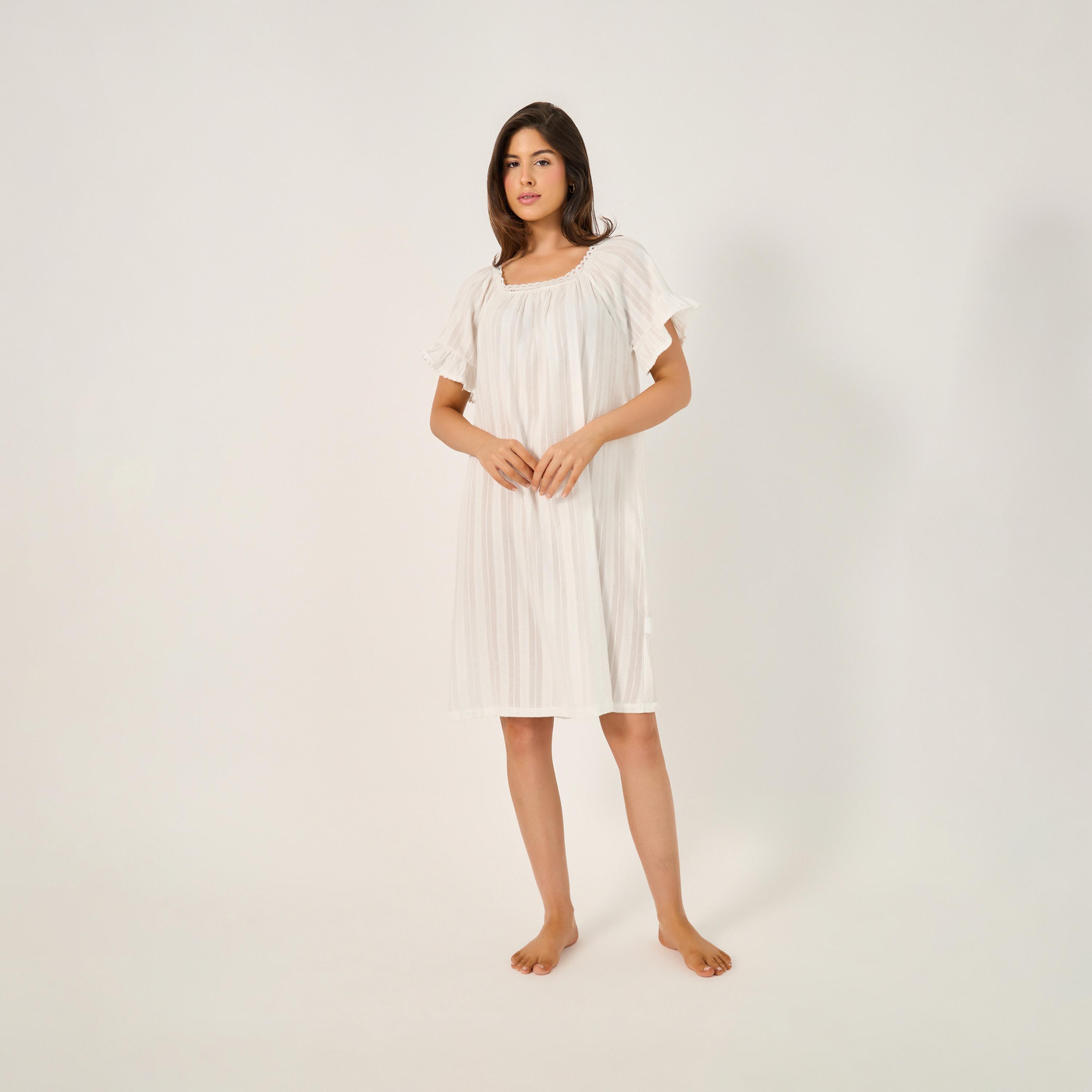 Styli Cotton Stripe Jacquard And Lace Trim Ruffle Sleeve Nightdress-women-clothing-nightwear-nighties-image-1
