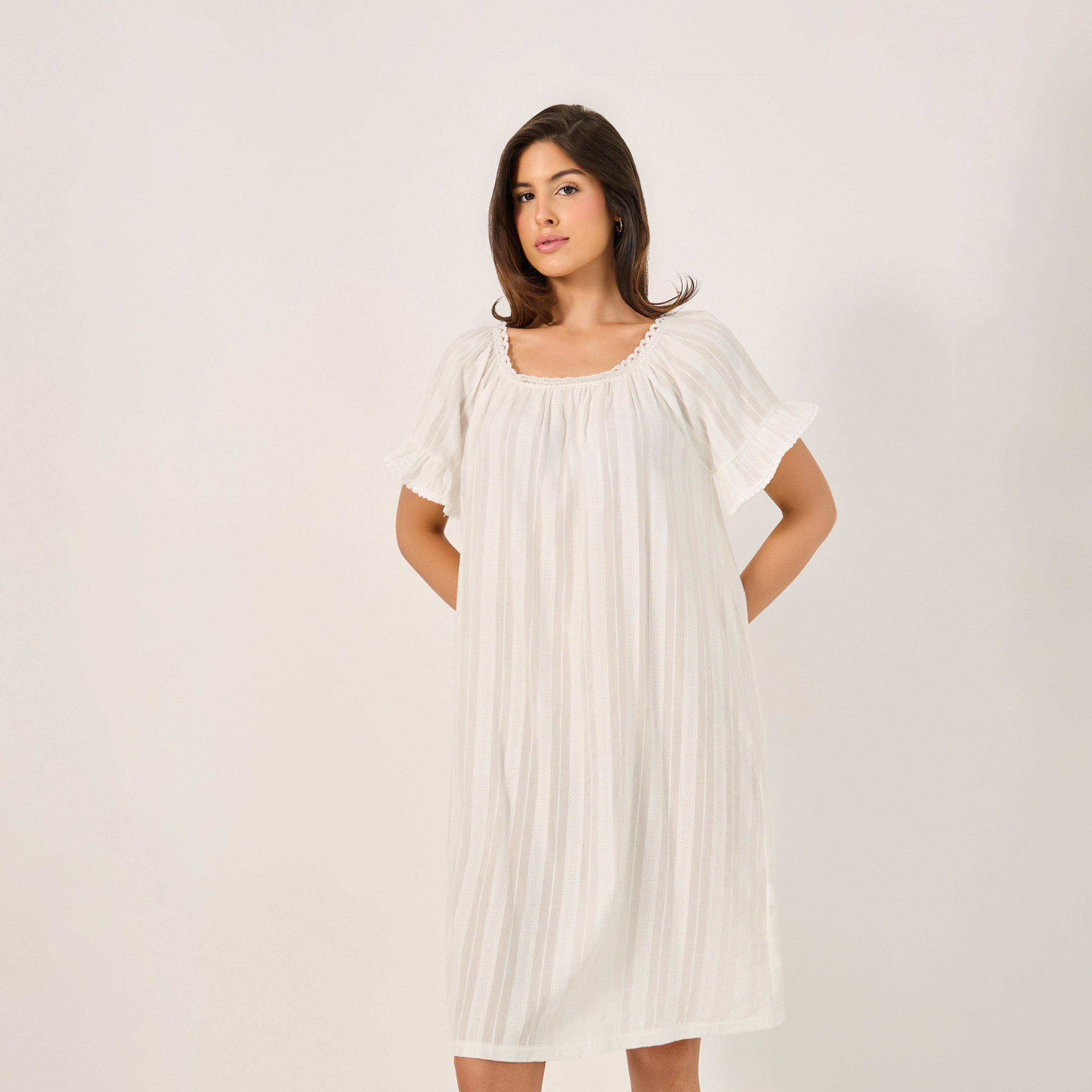 Styli Cotton Stripe Jacquard And Lace Trim Ruffle Sleeve Nightdress-women-clothing-nightwear-nighties-image-2