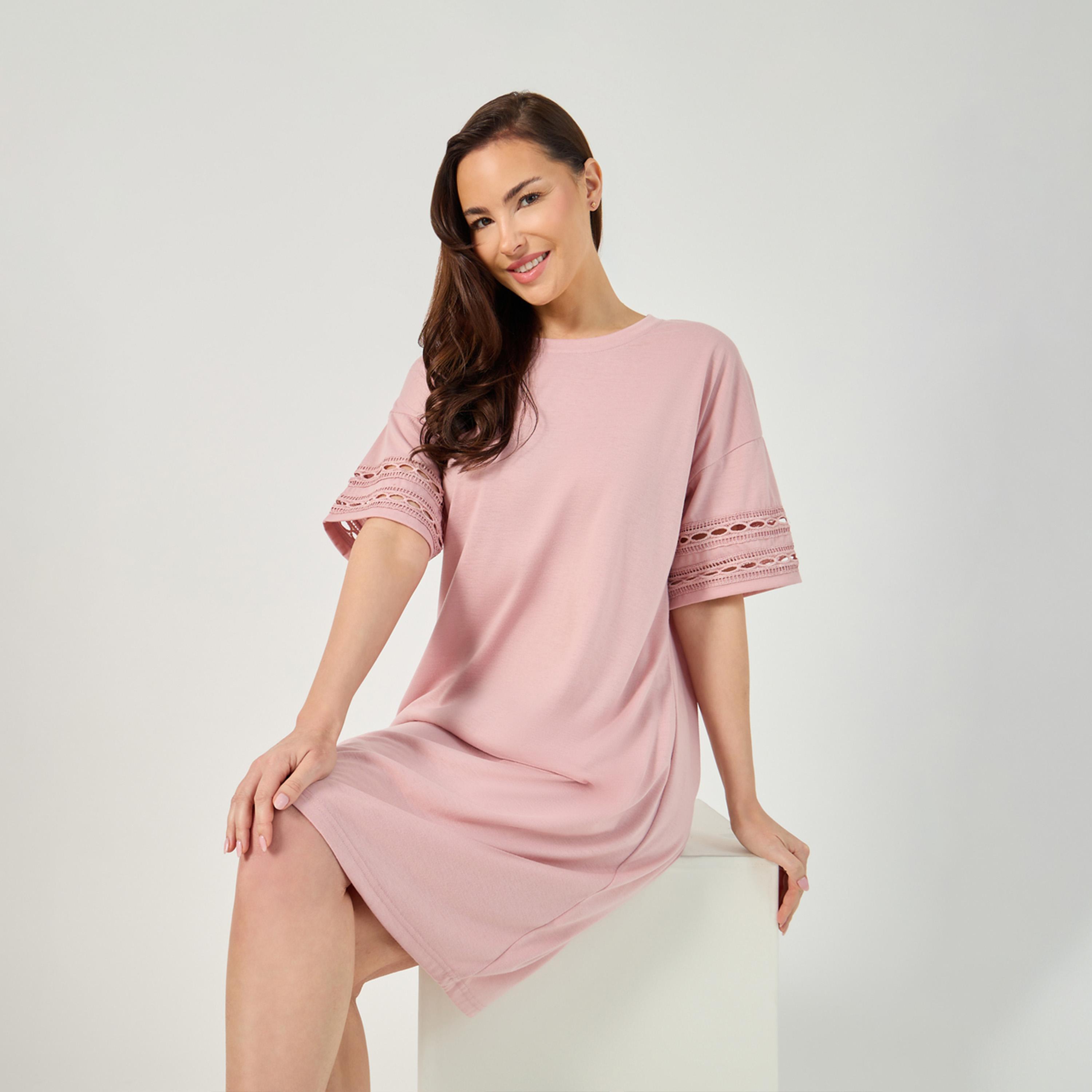 Styli Broderie Lace Trim Detail Sleep T-Shirt Dress-women-clothing-nightwear-nighties-image-1