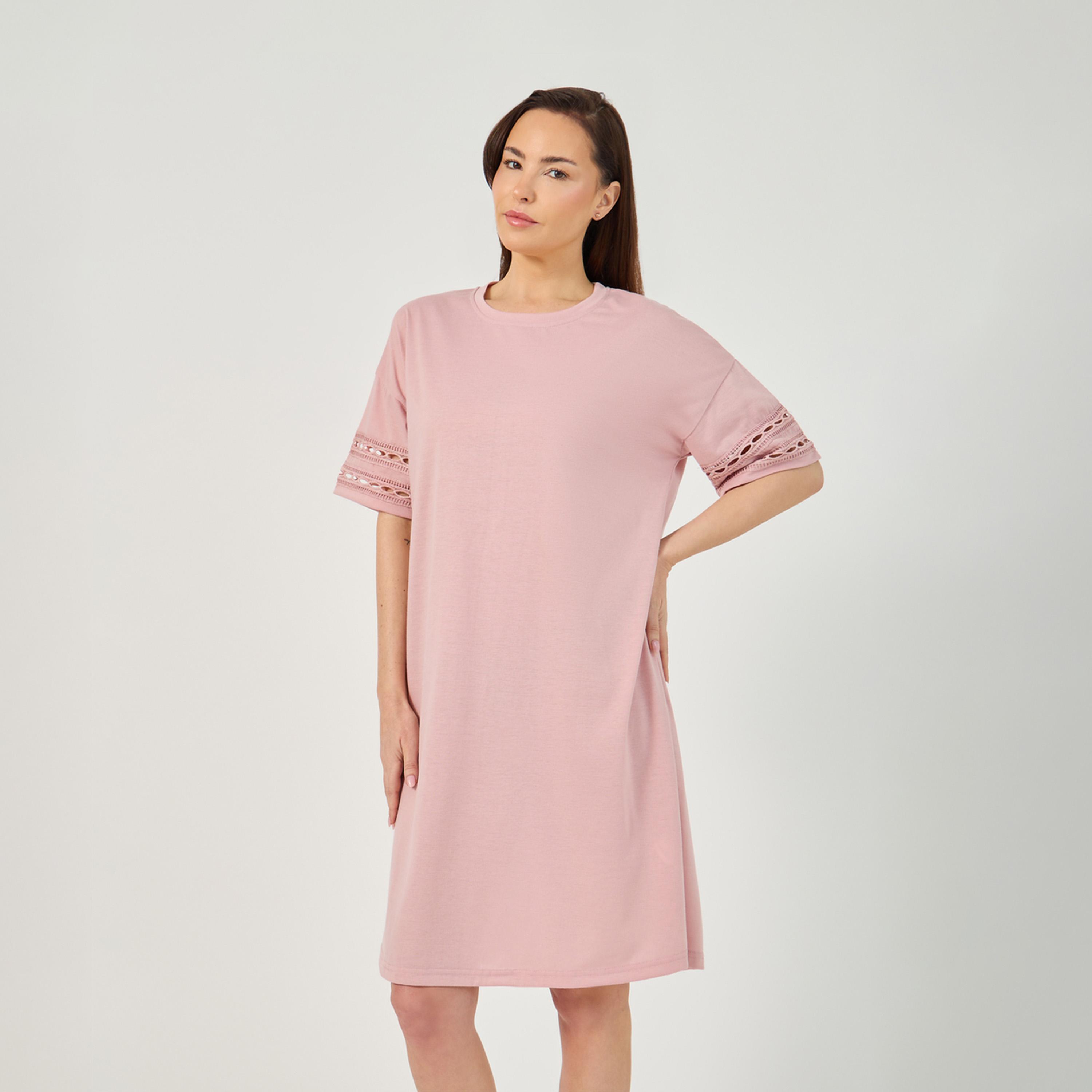 Styli Broderie Lace Trim Detail Sleep T-Shirt Dress-women-clothing-nightwear-nighties-image-2