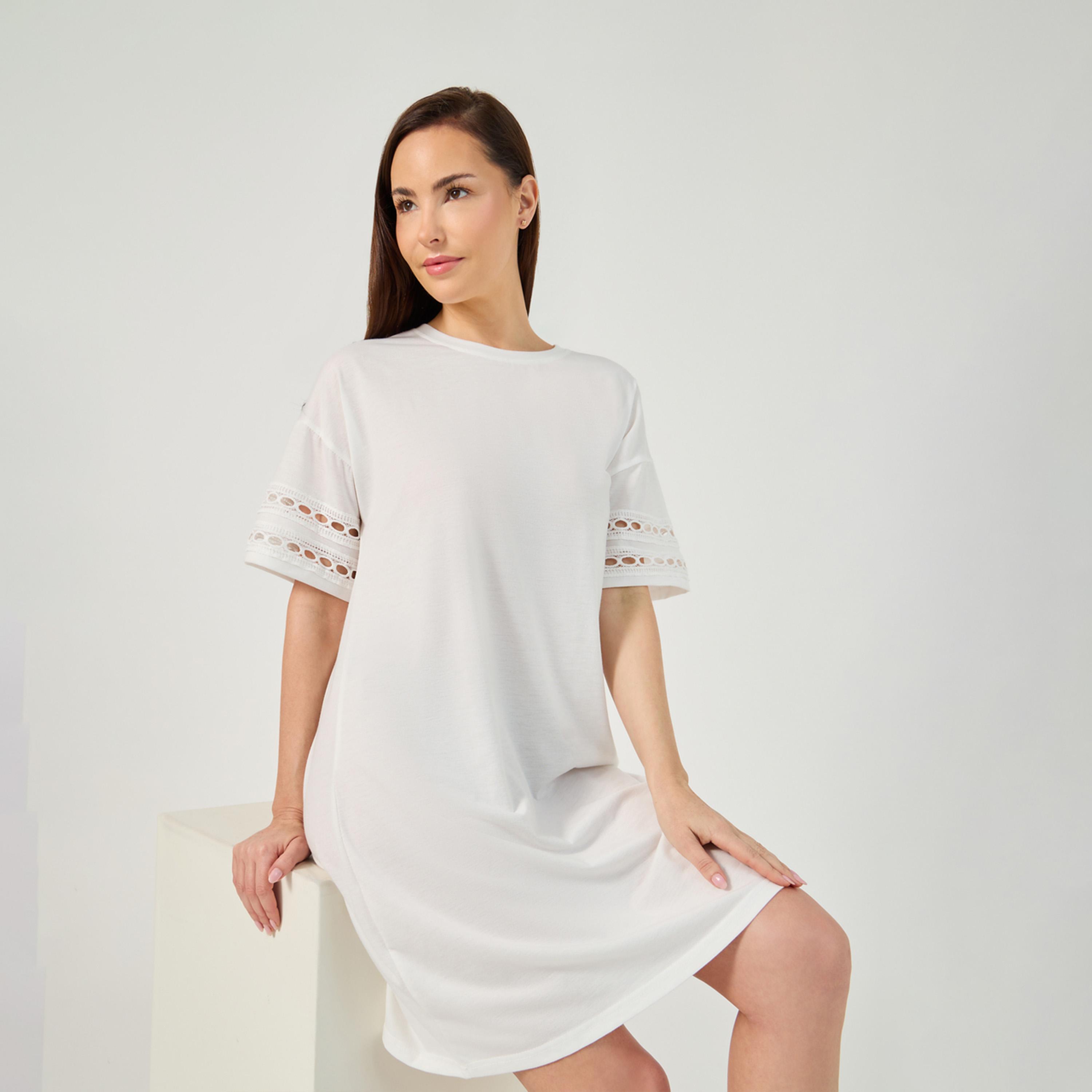 Styli Broderie Lace Trim Detail Sleep T-Shirt Dress-women-clothing-nightwear-nighties-image-1