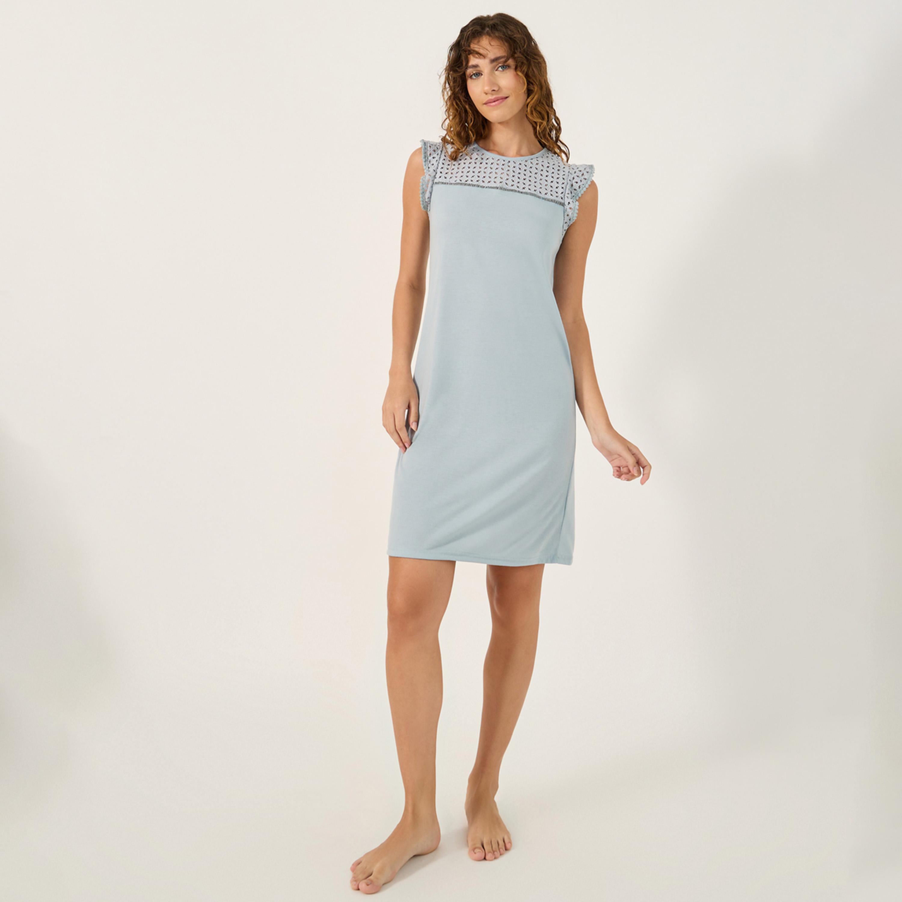 ستايلي - أنوايند فستان نوم بطول الركبة مع حافة كرات صوفية شيفلي-women-clothing-nightwear-nighties-image-1