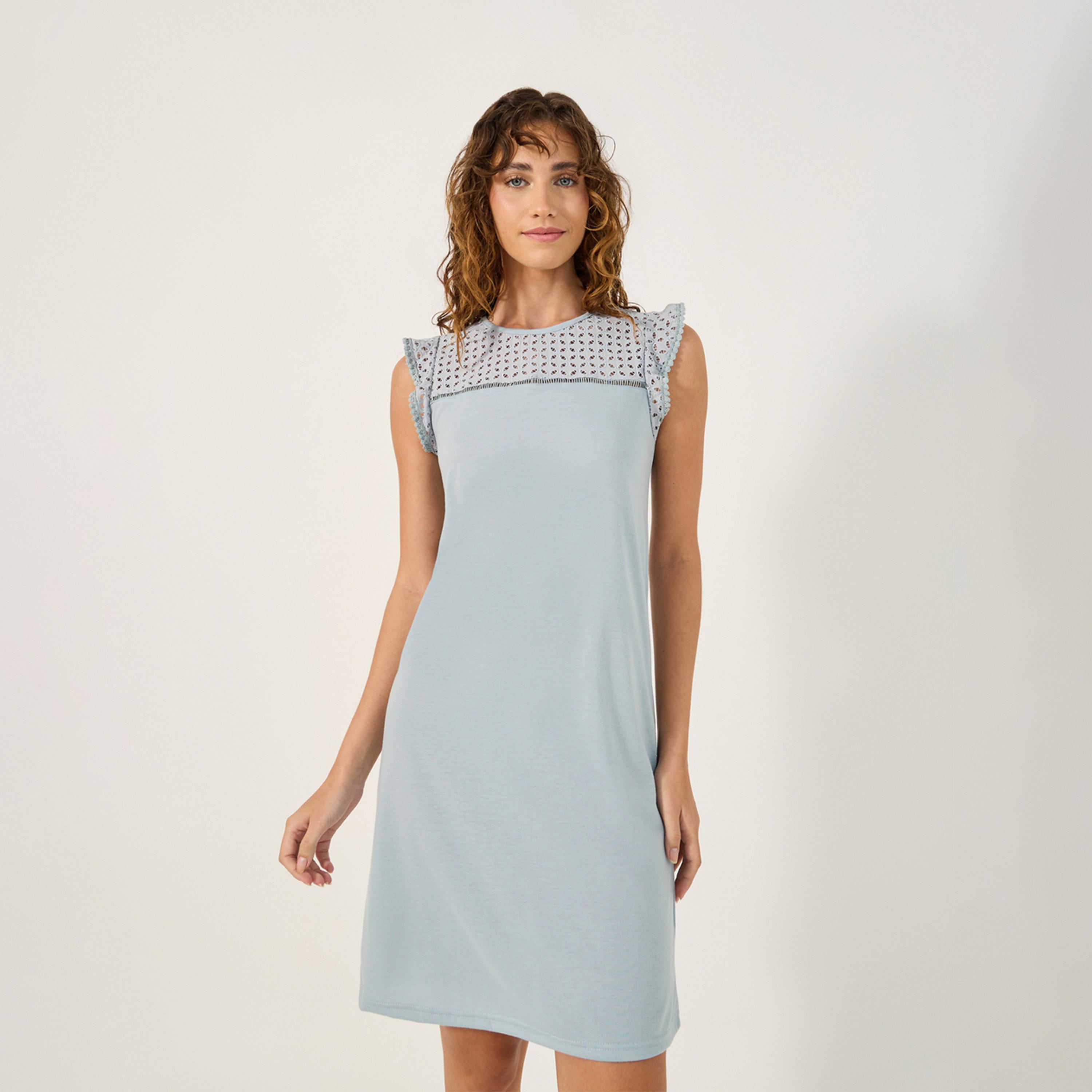 Styli Unwind Shiffli Yoke Flat Pompom Trim Detail Nightdress-Knee-women-clothing-nightwear-nighties-image-2