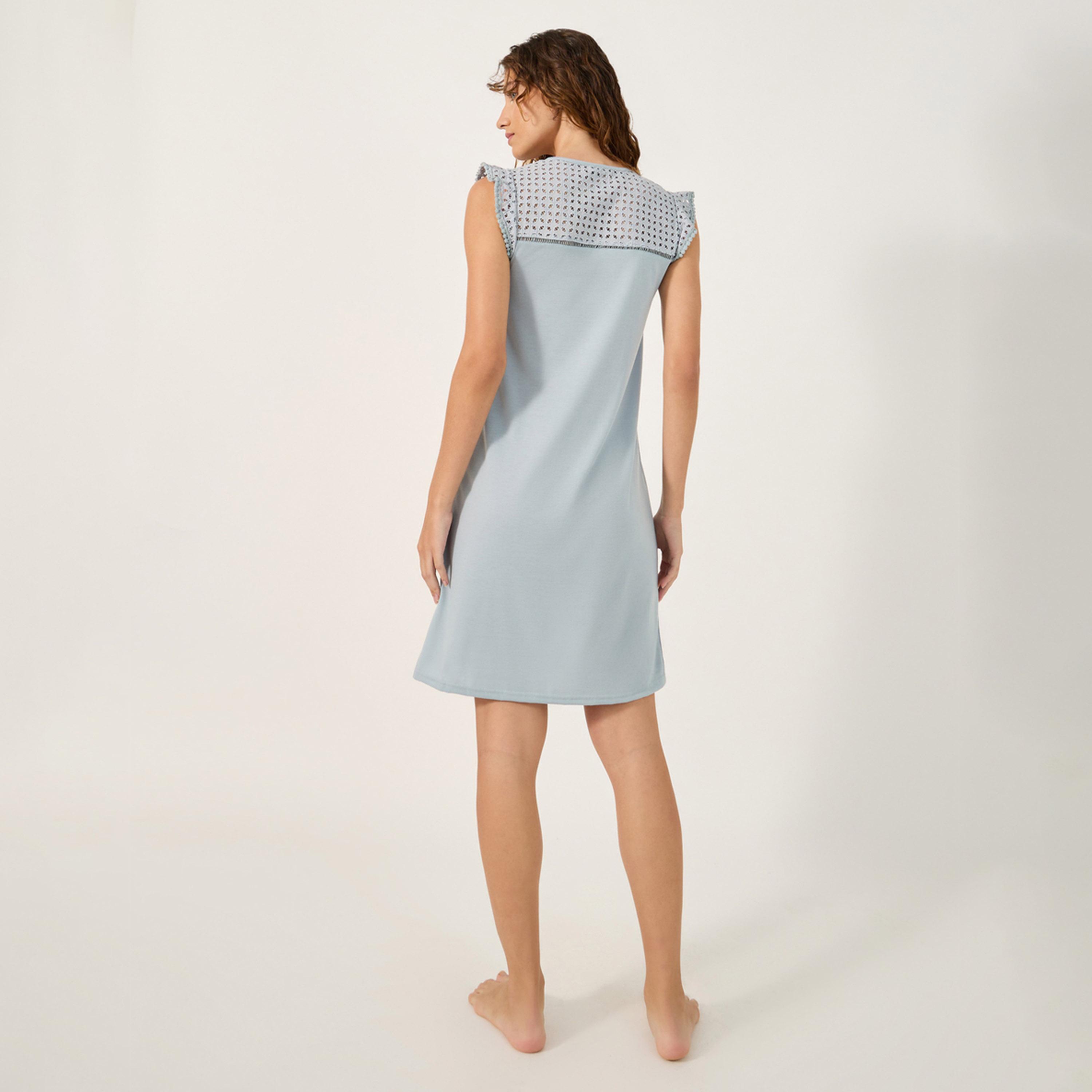 Styli Unwind Shiffli Yoke Flat Pompom Trim Detail Nightdress-Knee-women-clothing-nightwear-nighties-image-4