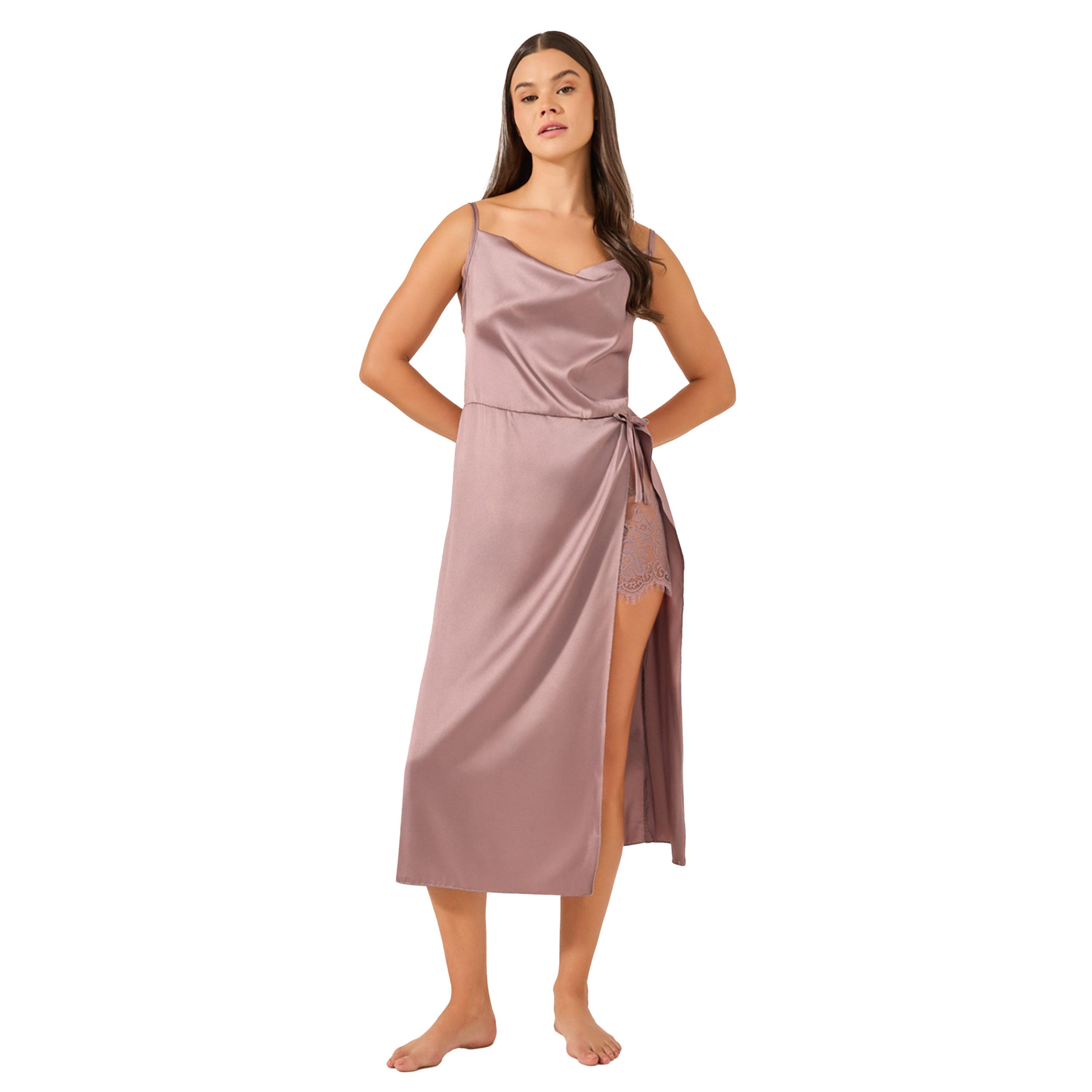 ستايلي -  فستان متوسط الطول من الساتان برقبة دائرية مع تفاصيل دانتيل-women-clothing-nightwear-nighties-image-1