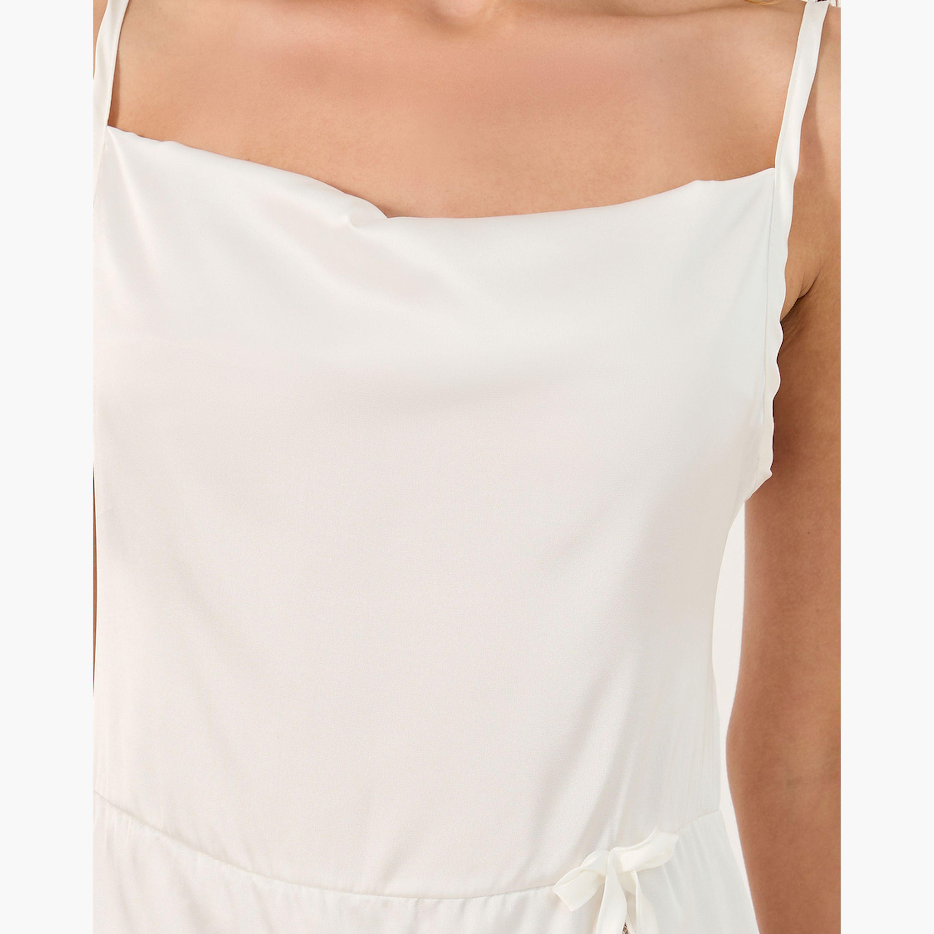 ستايلي - فستان ساتان سادة متوسط الطول بفتحة رقبة مستديرة مع تفاصيل من الدانتيل-women-clothing-nightwear-nighties-image-3