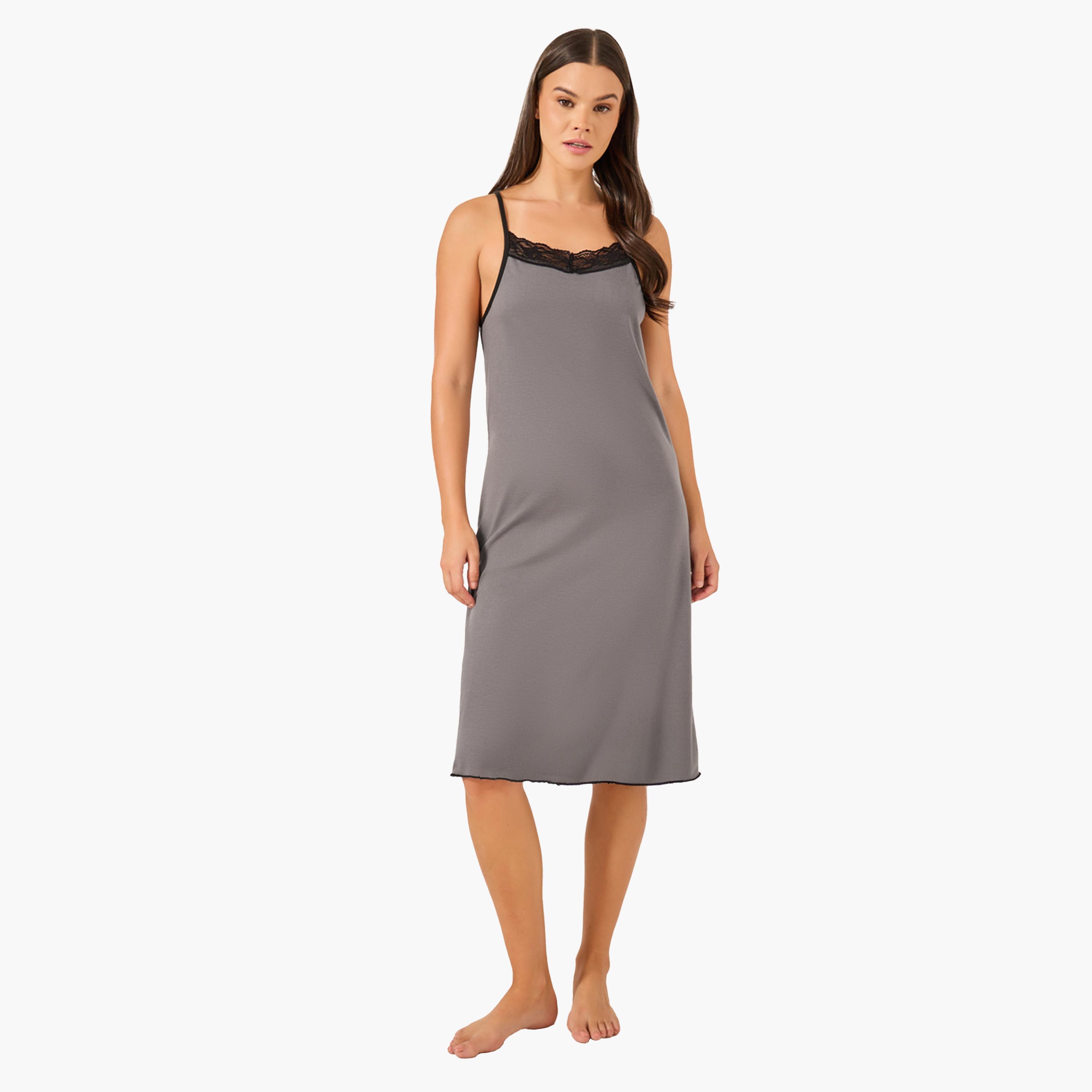 Styli Contrast Lace Trim Racerback Slip Dress-women-clothing-nightwear-nighties-image-1