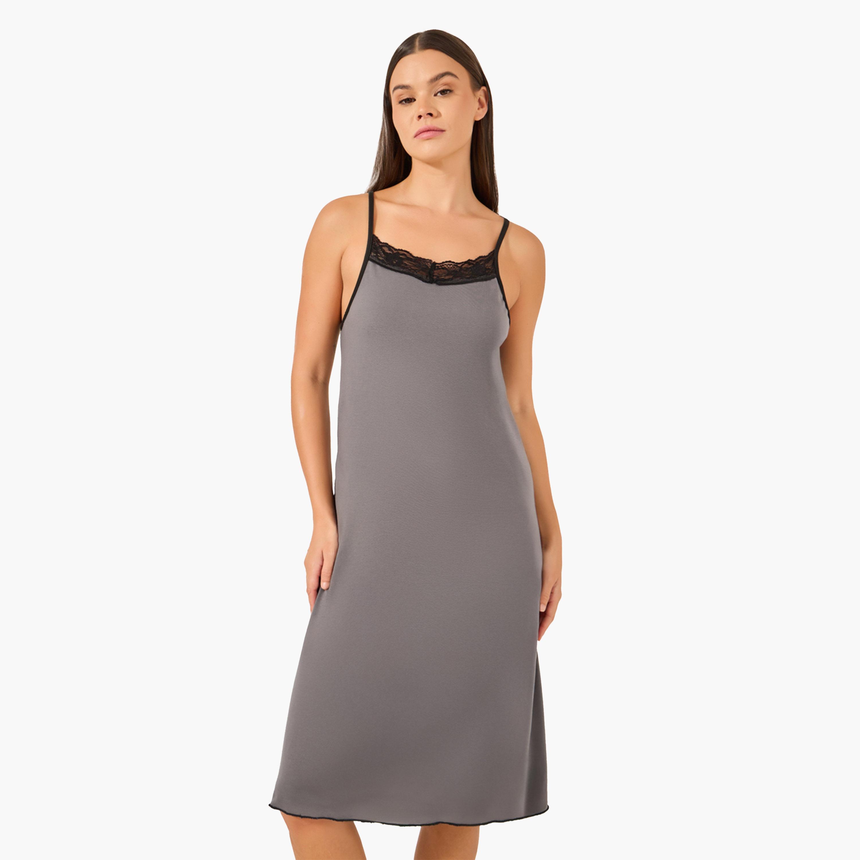 Styli Contrast Lace Trim Racerback Slip Dress-women-clothing-nightwear-nighties-image-2
