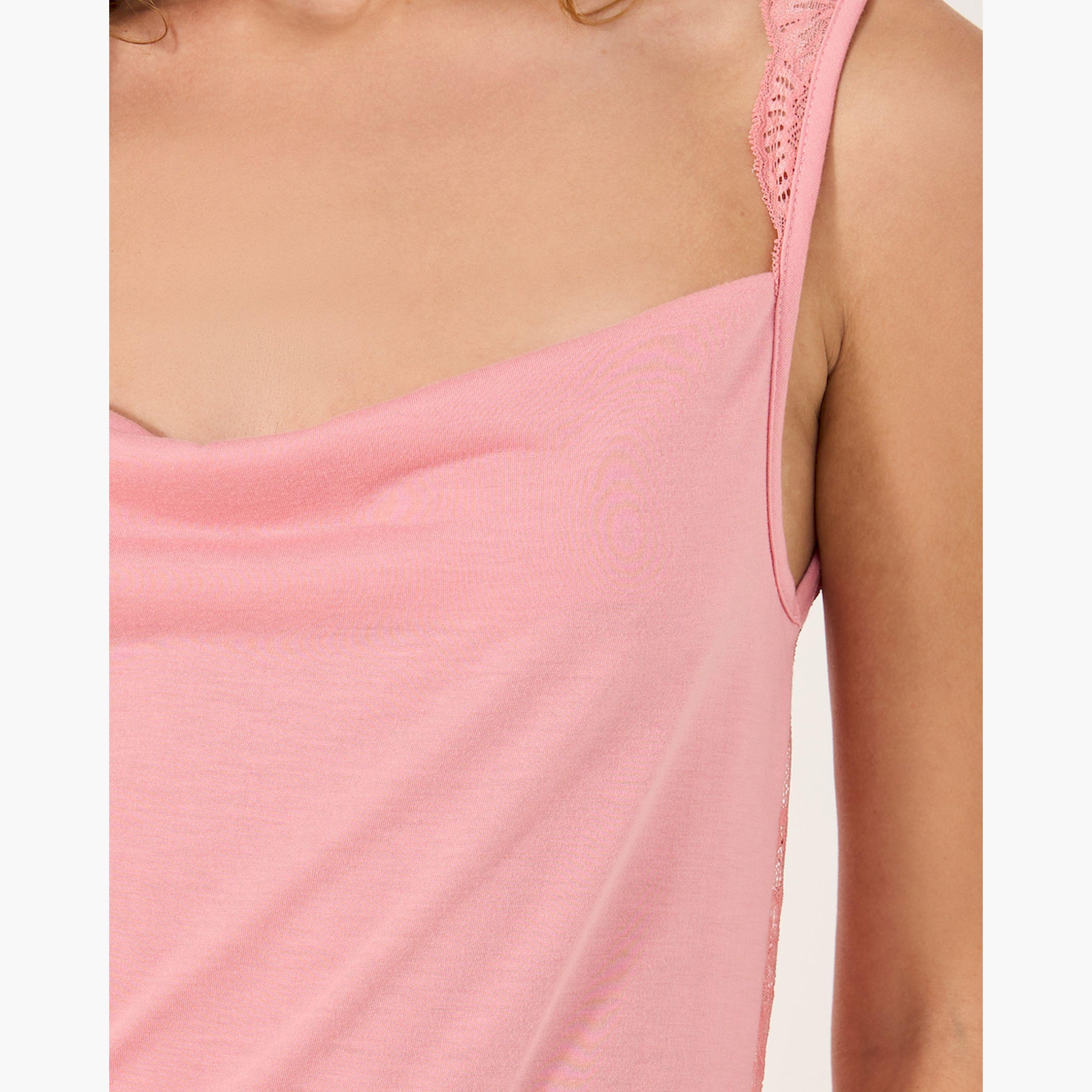 ستايلي - فستان سادة بطول الركبة مع حافة دانتيل وظهر على شكل حرف V-women-clothing-nightwear-nighties-image-3