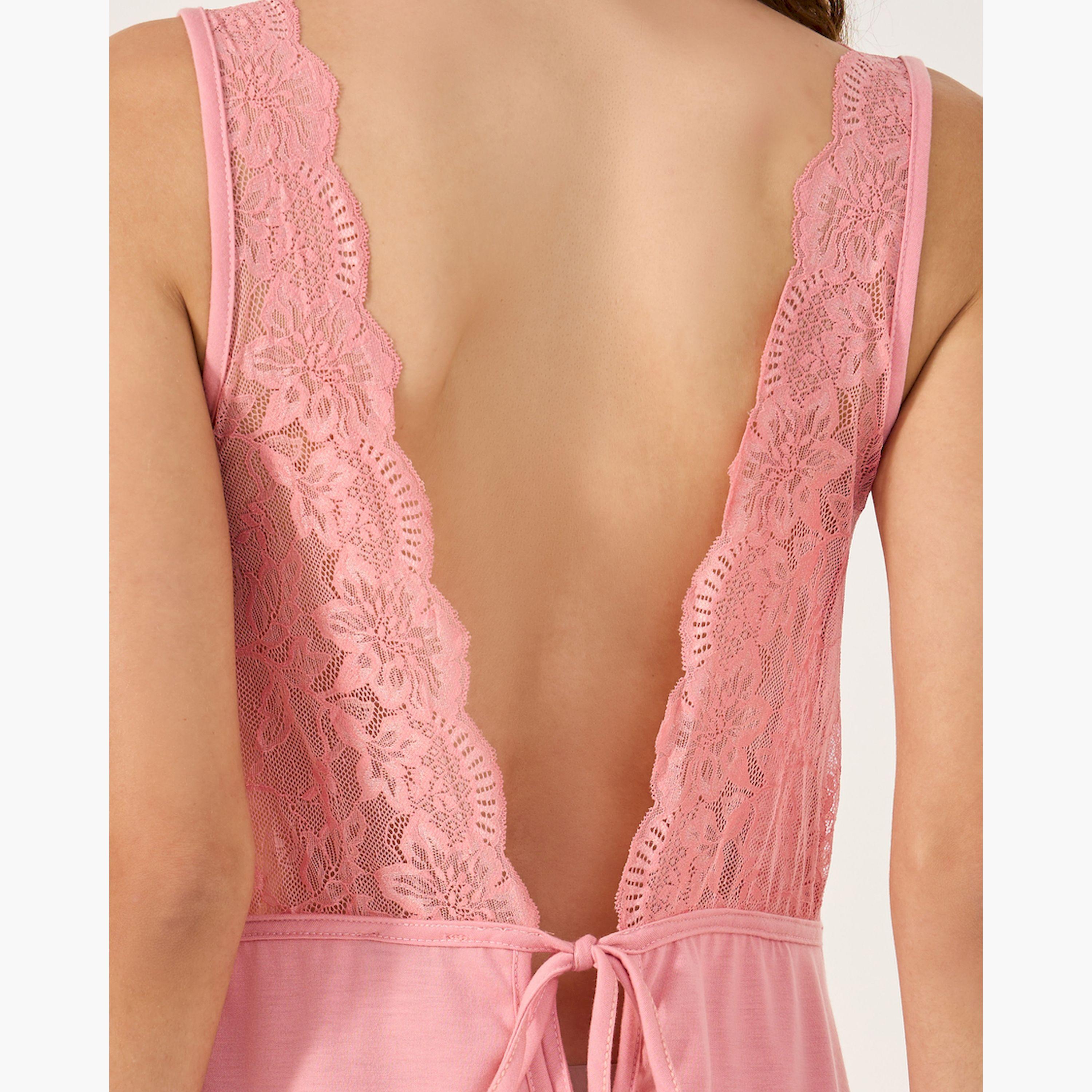 ستايلي - فستان سادة بطول الركبة مع حافة دانتيل وظهر على شكل حرف V-women-clothing-nightwear-nighties-image-4